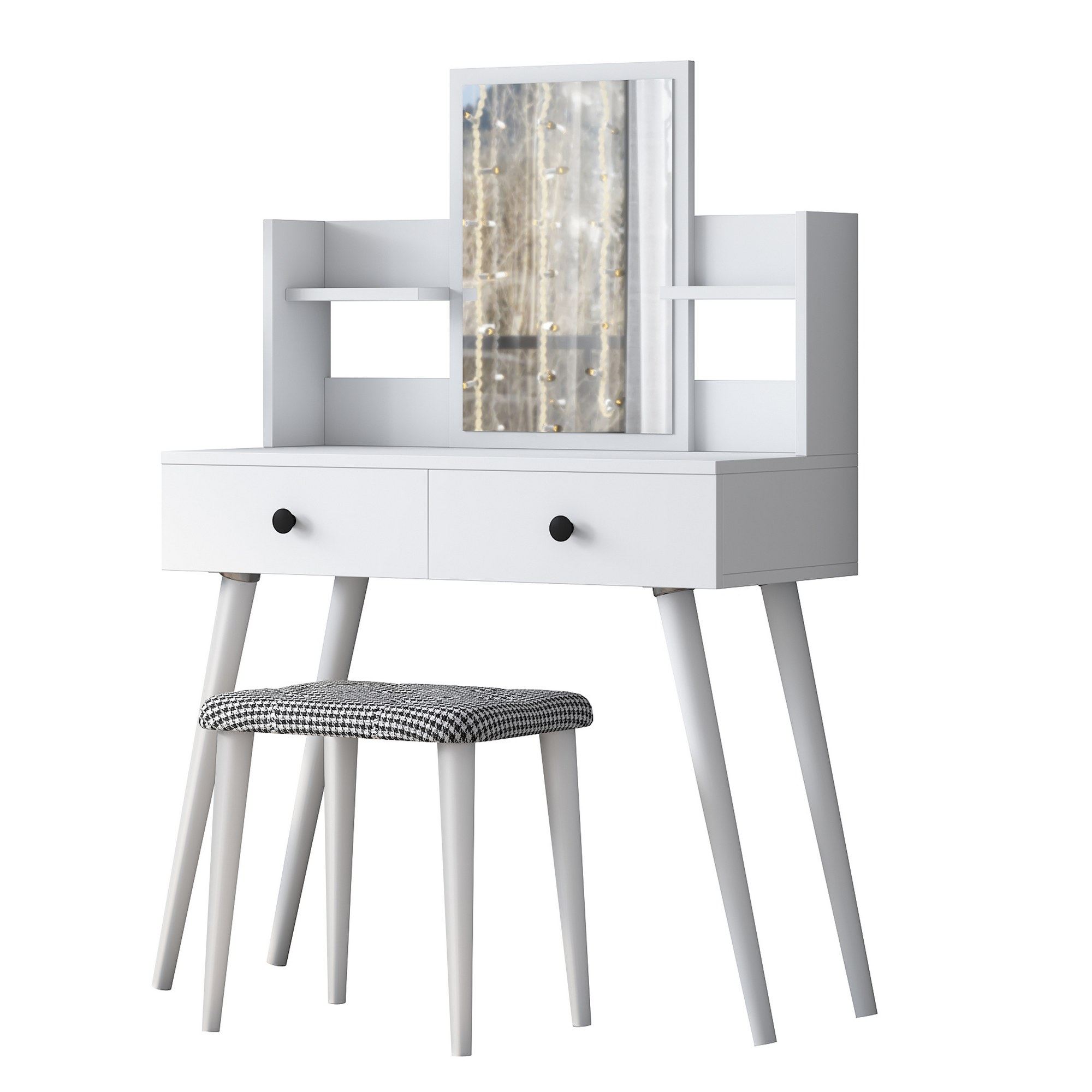 Nordvärk Bj102 2235 Makeup Bord     Spejl    Hylder    Skuffer Og Skammel Hvid Melamin  103x40