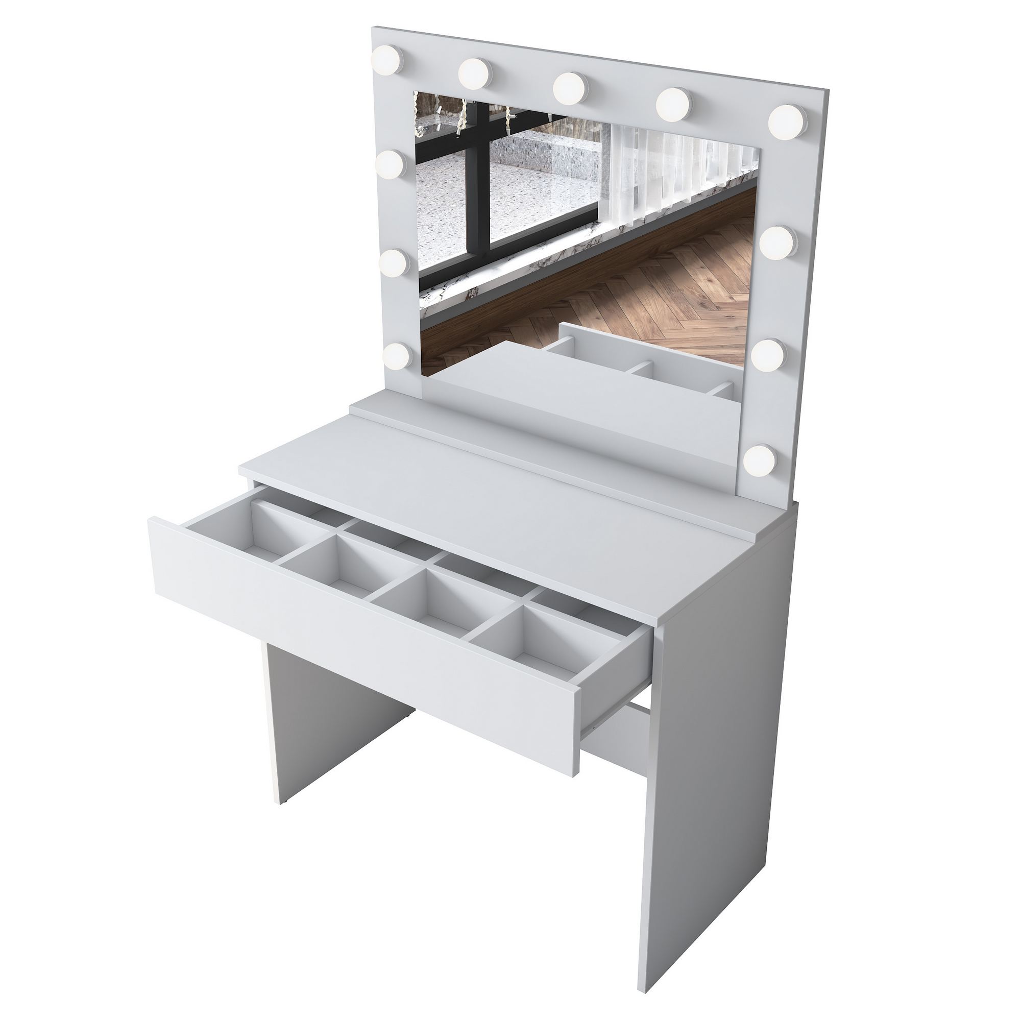 Nordvärk Bj120 2916 Makeup Bord     Spejl  11 Lyspærer Og   Skuffe Hvid Melamin  90x45