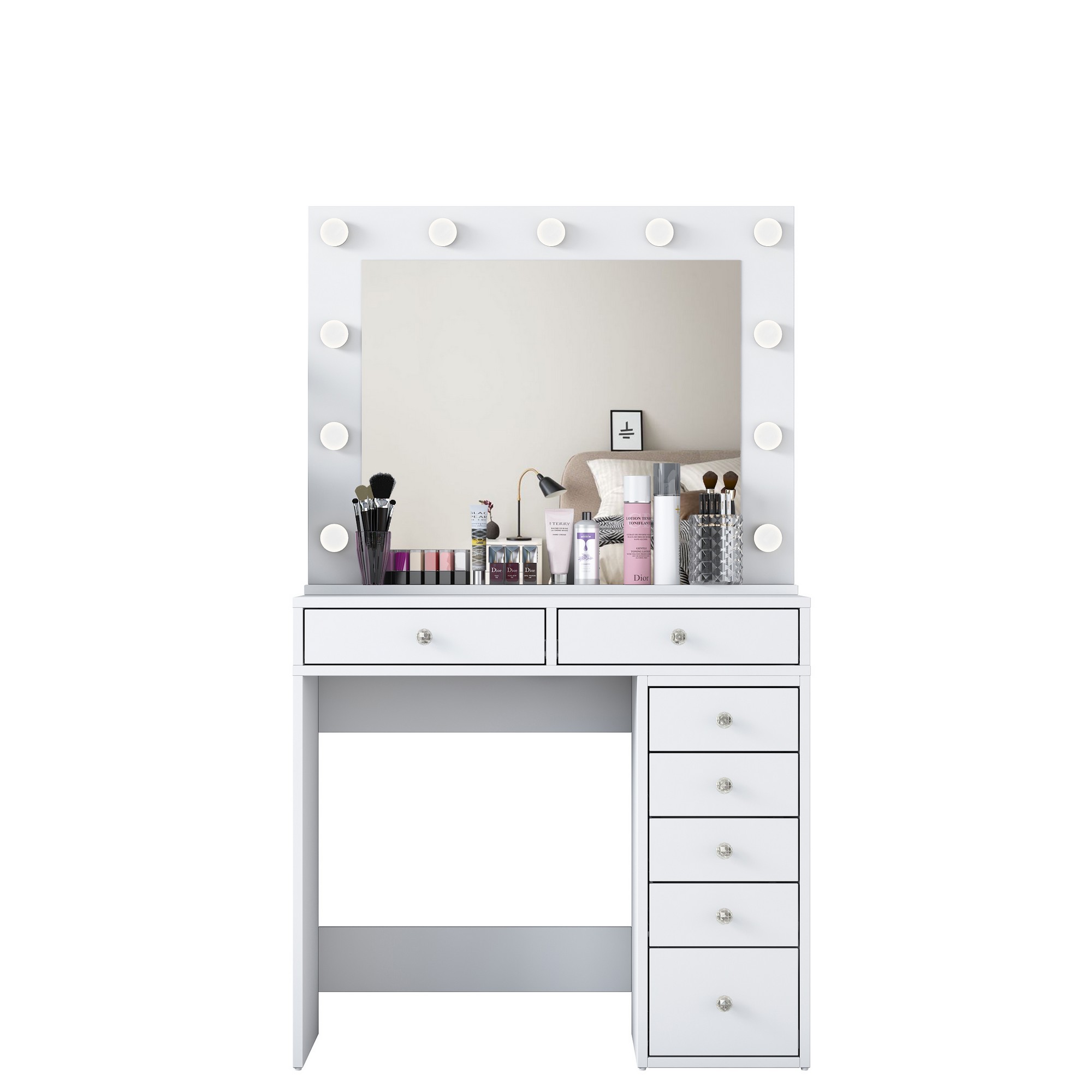 Nordvärk Bj115 2781 Makeup Bord     Spejl  11 Lyspærer Og   Skuffer Hvid Melamin  90x44