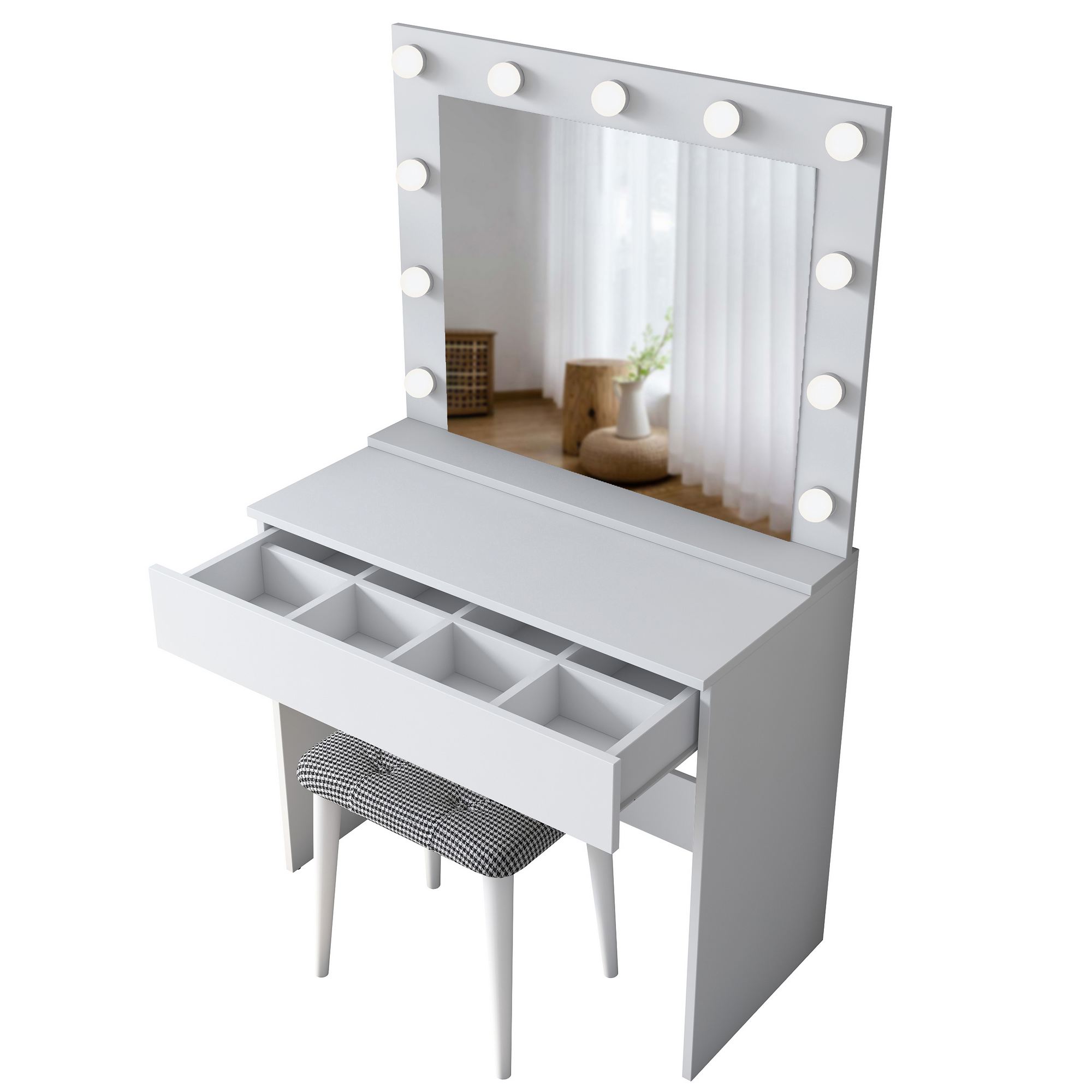 Nordvärk Bj121 2934 Makeup Bord     Spejl  11 Lyspærer    Skuffe Og Skammel Hvid Melamin  90x45