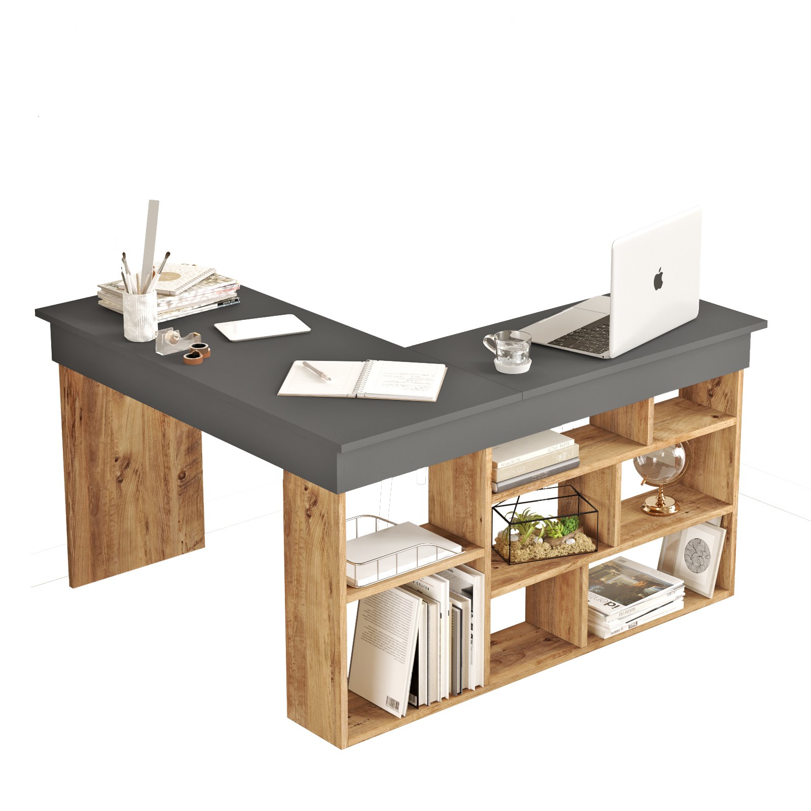 Nordvärk Ct5 Hjørneskrivebord Rum Antracitgrå Og Atlantic Pine Melamin 129x120