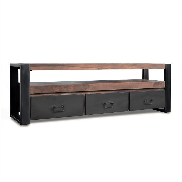 Obuzi Hayfay Tv-bord Med Skuffer 155x40x50 Cm   Massivt Rosentræ Og Sort Jern