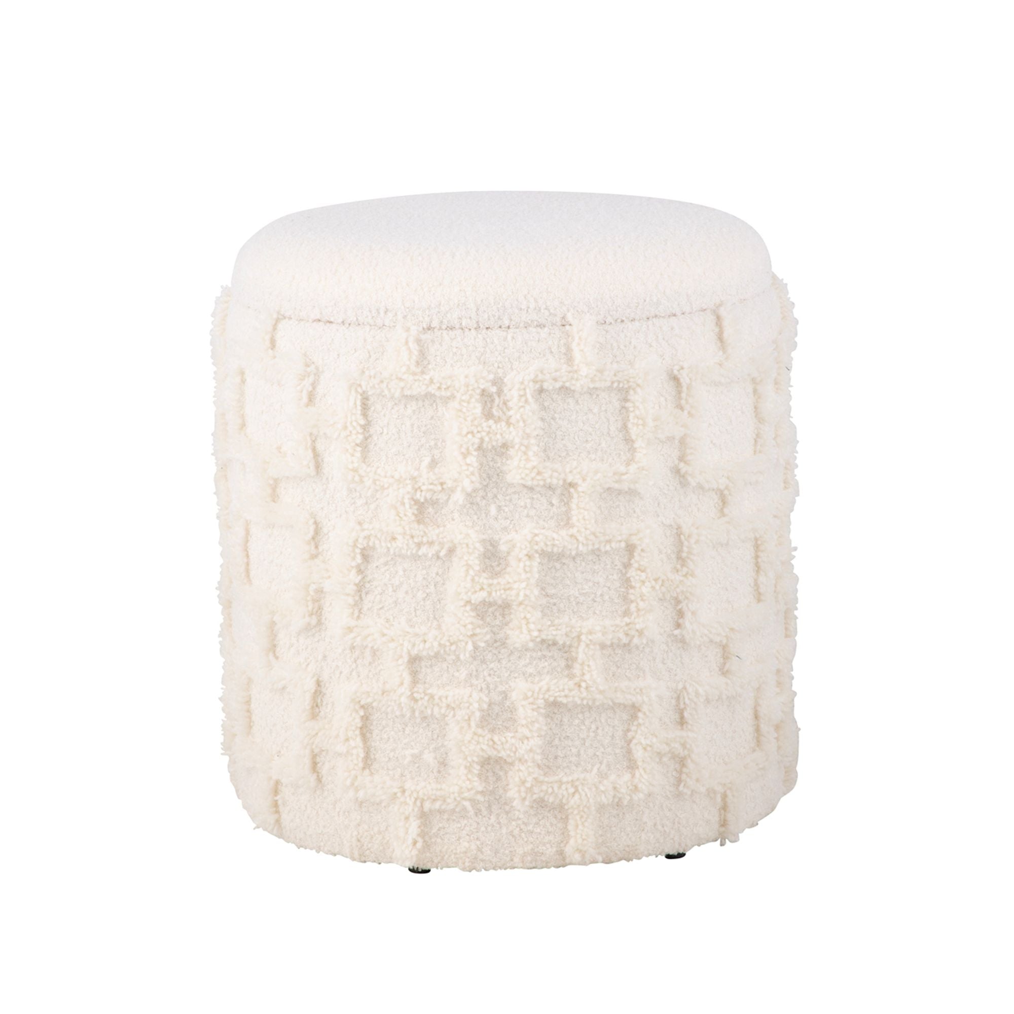 Opbevaringspuf 45x40 Cm  Rund Polstret Puf Med Blødt Tekstureret Stof Og Låg  Moderne Opbevaringspuf   Cremefarvet  Komfortabel Puf Til Stue  Soveværelse Og Entré