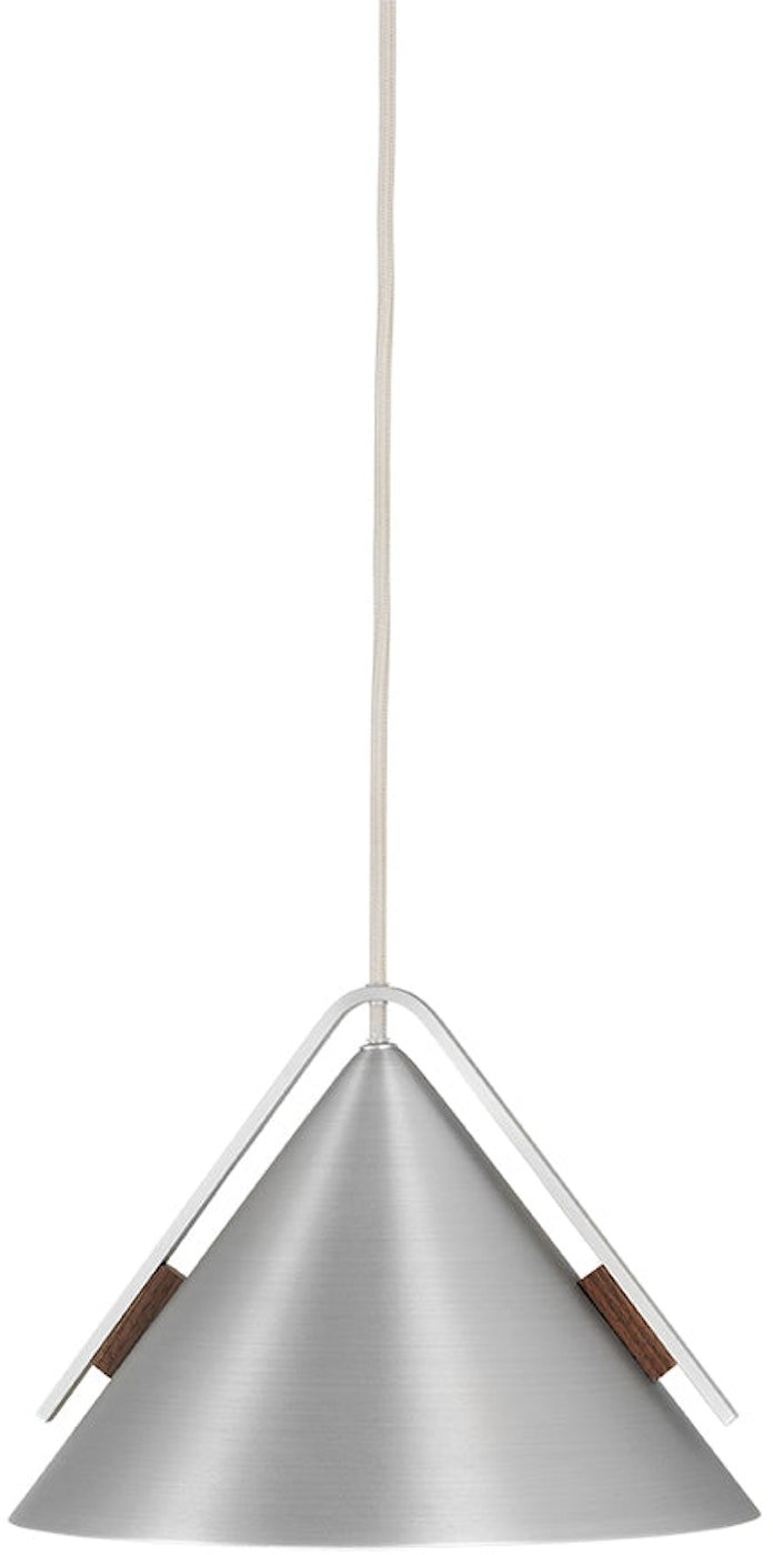 Pendellampe Kristina Dam Cone   Børstet Aluminium Med Valnøddetaljer  Sølv ø25 Cm