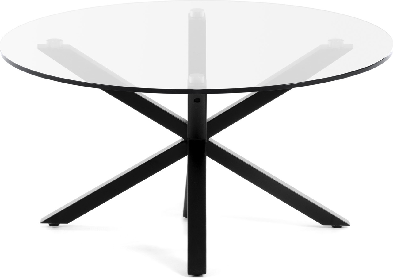 Rundt Sofabord Kave Home Argo Med Klar Glasplade Flettet Sort Stålstel ø82 Cm