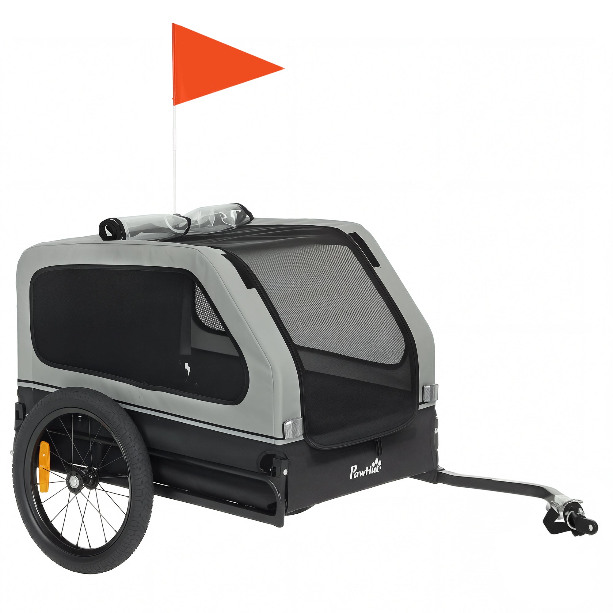 Sammenklappelig Cykeltrailer Til Mellemstore Hunde Op Til 20 Kg Med Nedklappelig Rampe Reflekser Snor Flag Grå