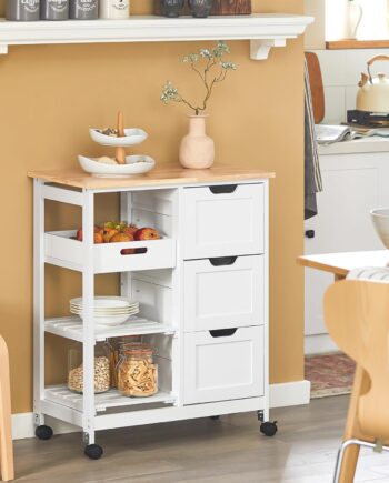 Serveringsvogn Med Hjul   Køkkenvogn Med   Aftagelige Hylder Og   Bakke  B68   D38   H85 Cm  Hvid