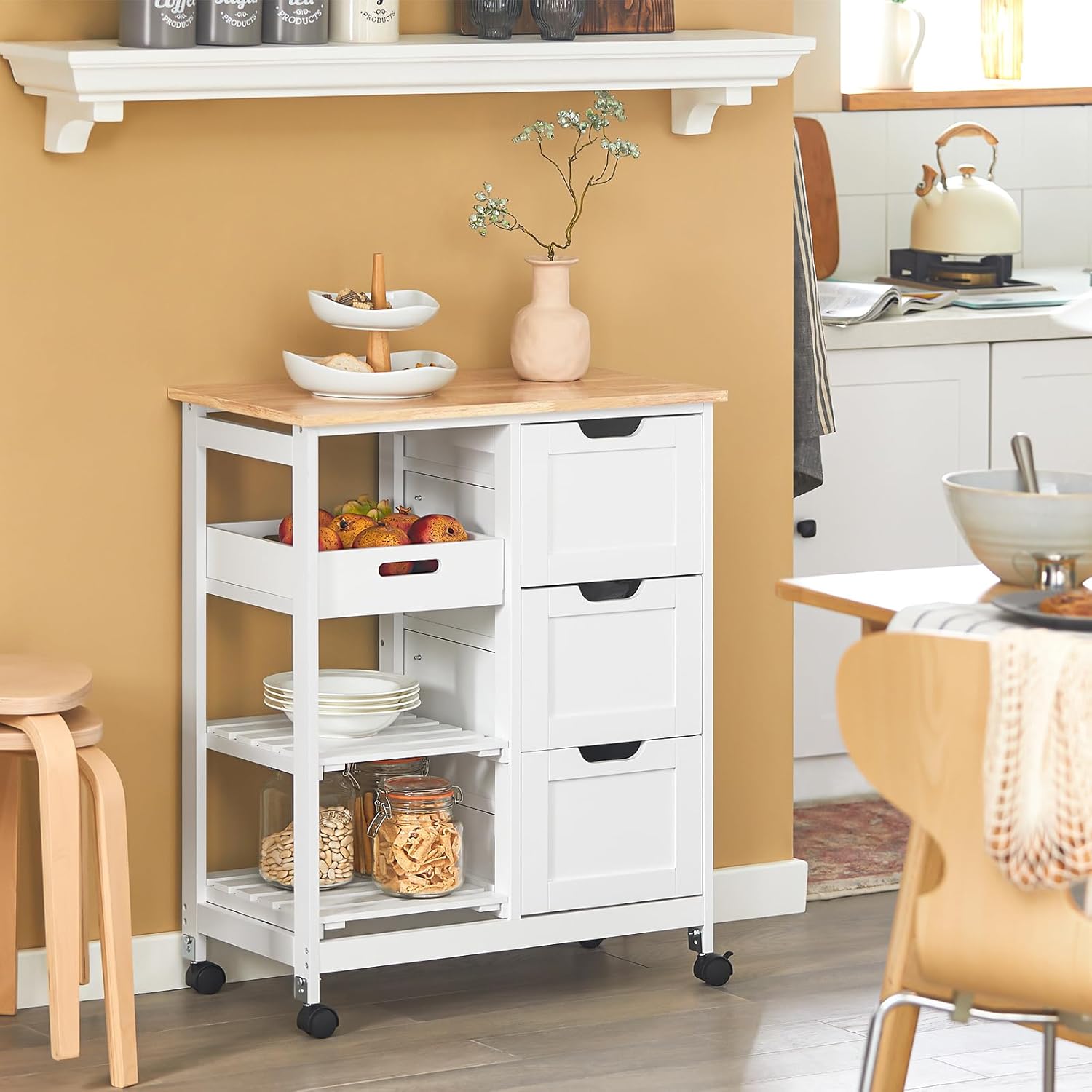 Serveringsvogn Med Hjul   Køkkenvogn Med   Aftagelige Hylder Og   Bakke  B68   D38   H85 Cm  Hvid