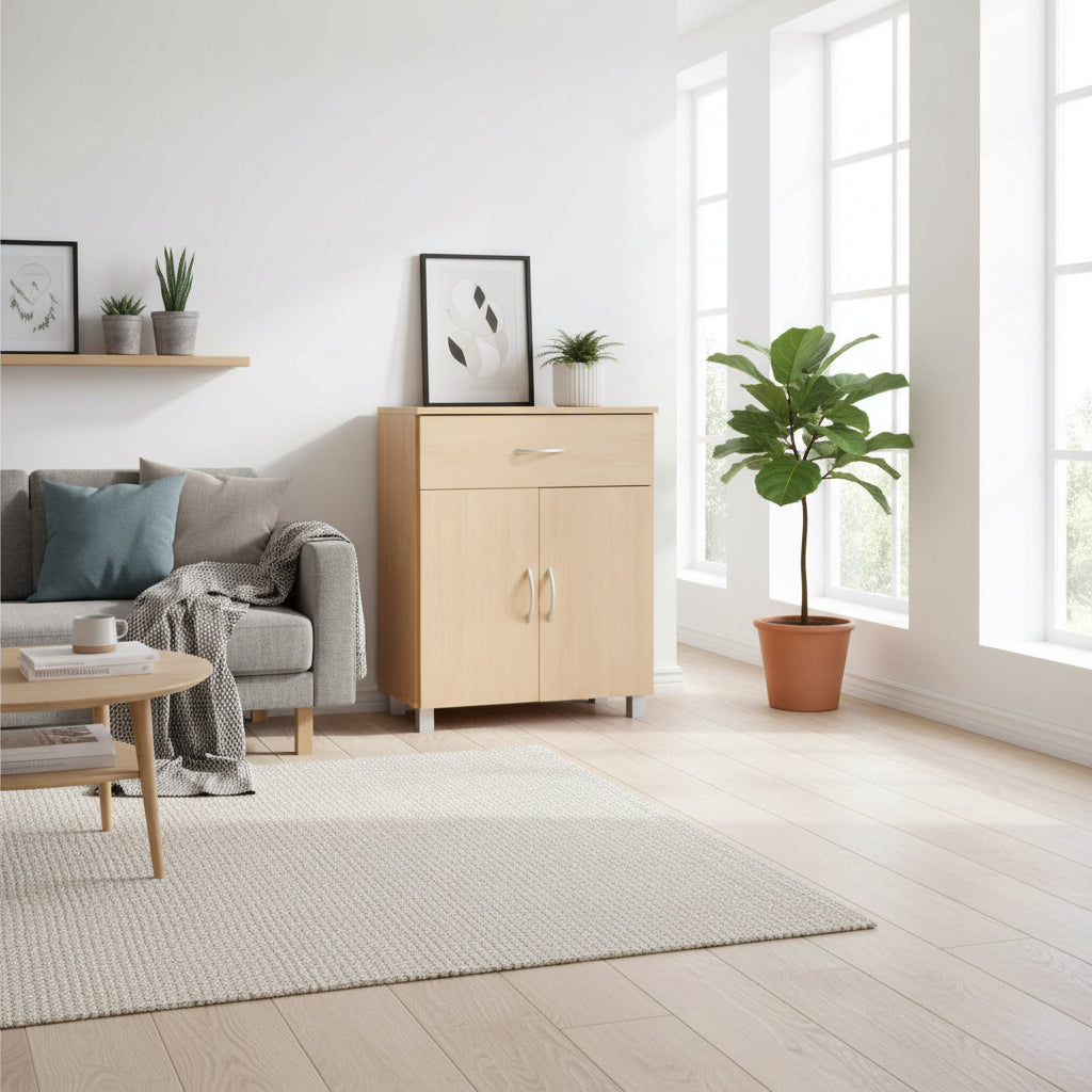 Skoskab Med Skuffe Og   Døre 60ã 75ã 30 Cm  Bøgetræslook  Pladsbesparende Skoskab Lavet Af Melaminbelagt Spånplade  Entremøbel  Moderne Skoreol