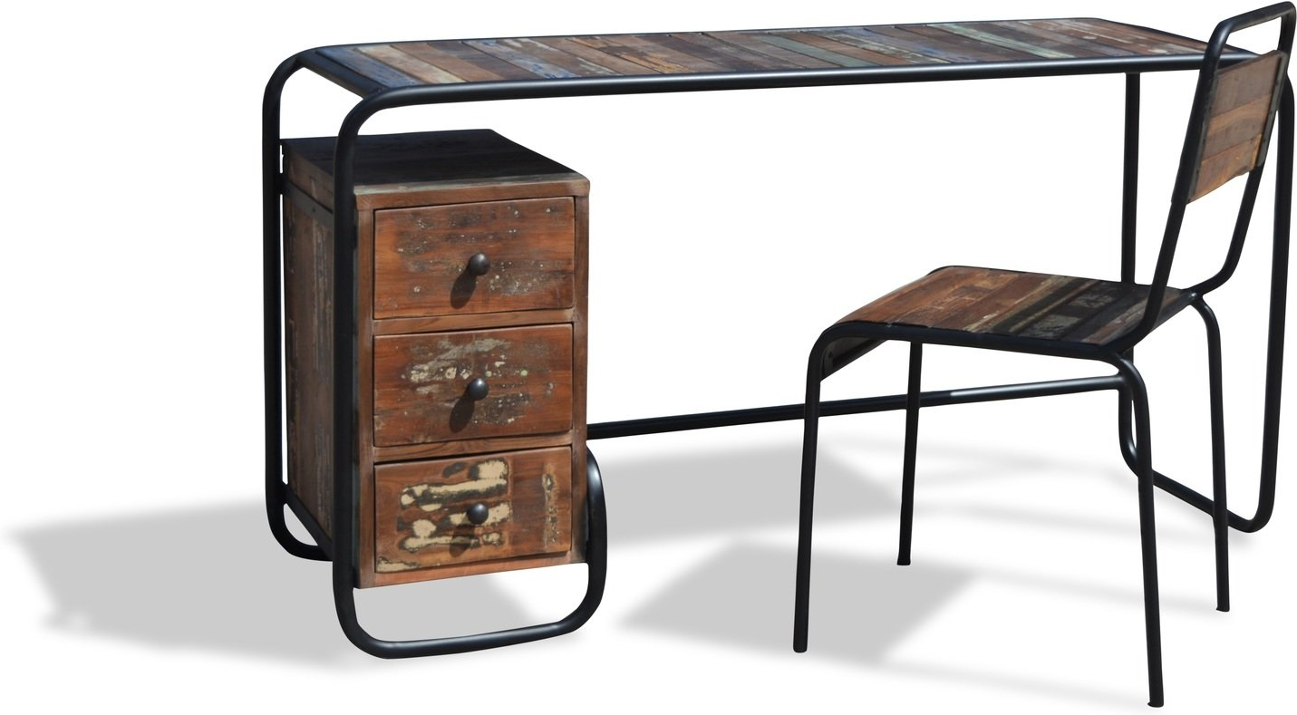 Skrivebord Obuzi Christiania Hip   Rustikt Genbrugstræ   Jernramme  Tre Skuffer  H74ã B140ã D45 Cm  Multifarvet Bæredygtigt Design
