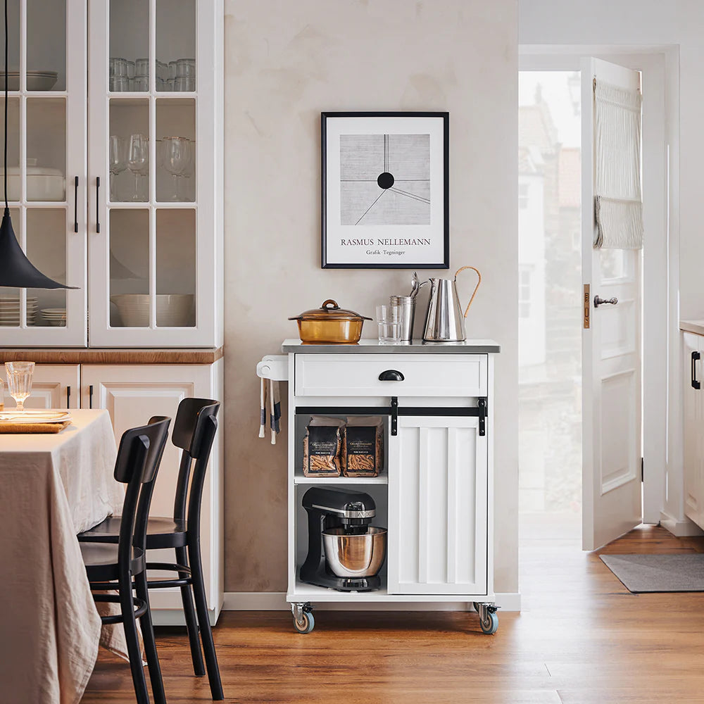 Smart Serveringsvogn   Køkkenø   Industrielt Look  Stålbordplade  L69xb46xh92cm  Hvid