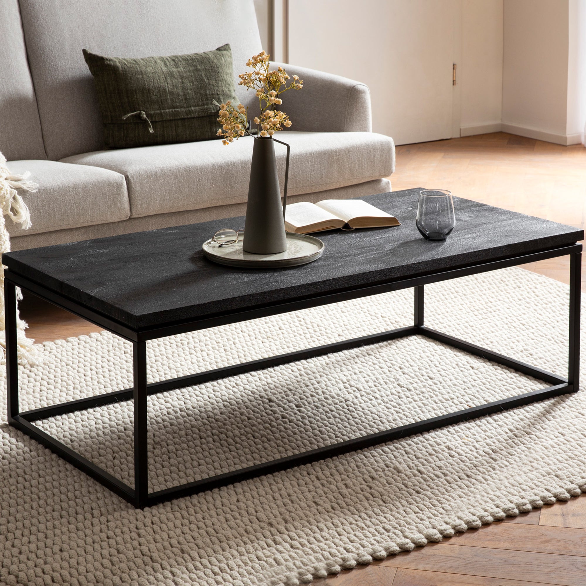 Sofabord   Massivt Mangotræ Med Sort Metalstativ   120x60x40 Cm