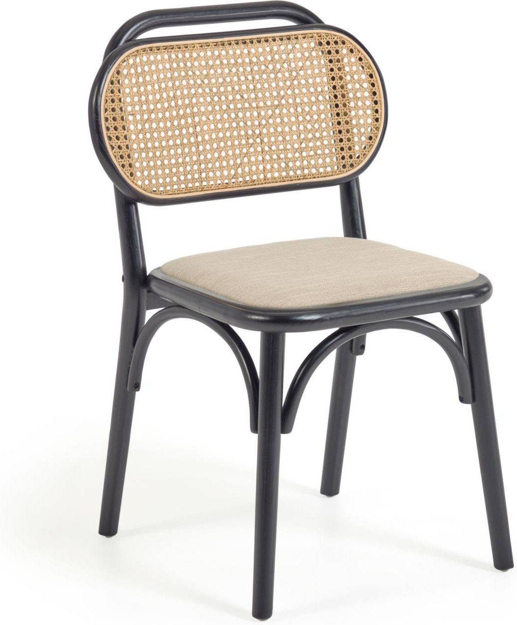 Spisebordsstol Kave Home Doriane Sort Elmetræ Med Mat Lakfinish Flettet Rattanryglæn Og Polstret Linned-look Sæde