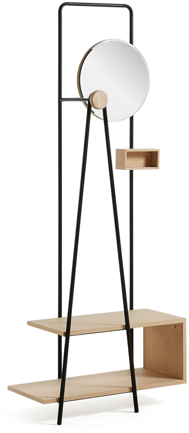 Stumtjener Kave Home Angelo   Nordisk Knagerække   Hattehylde Med Spejl   Sort Metal Og Ask  H191   B36   L76 Cm