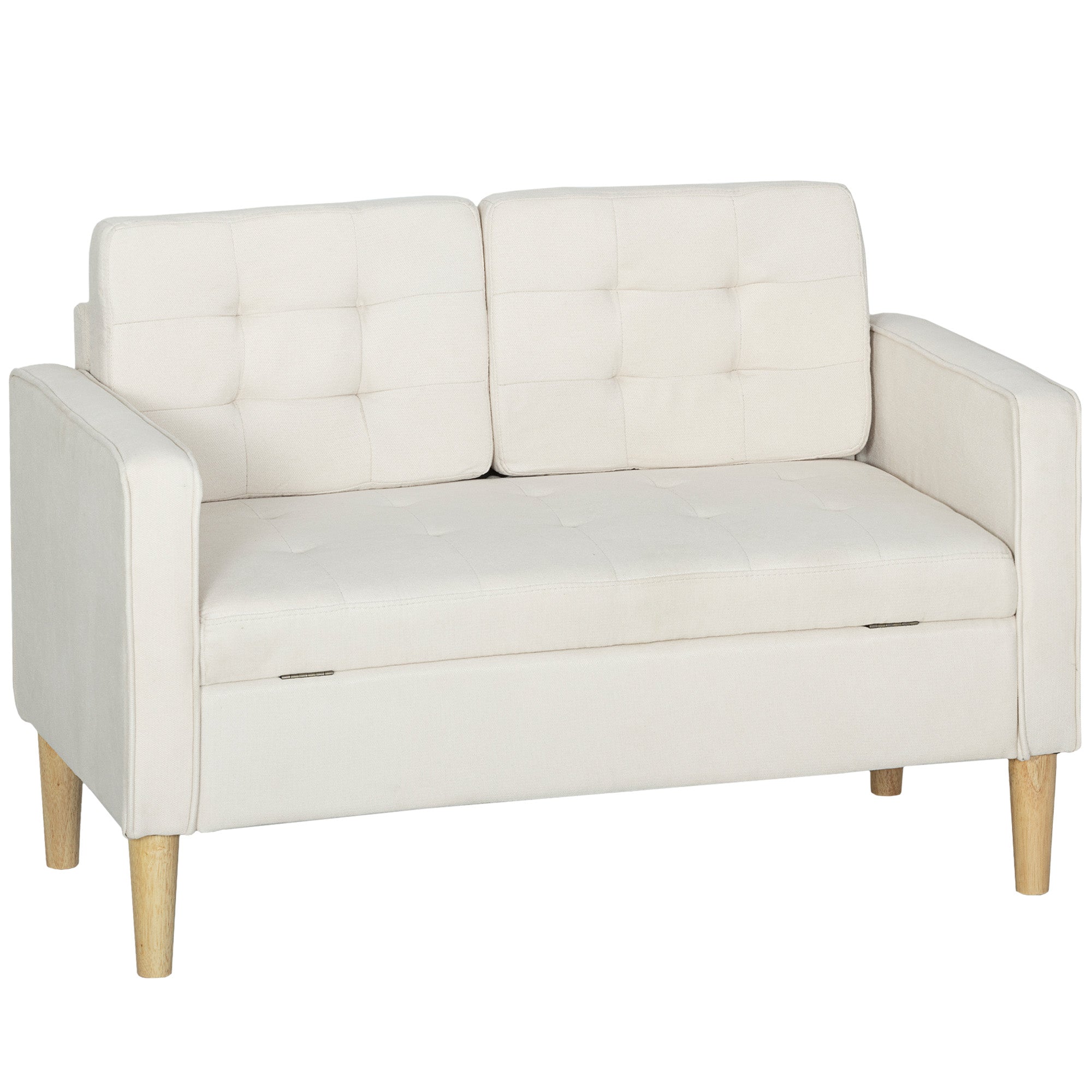 To-personers Sofa Med Opbevaring Knapsyet Kant Hynder Gummitræ 117x62x78 Cm Cremehvid