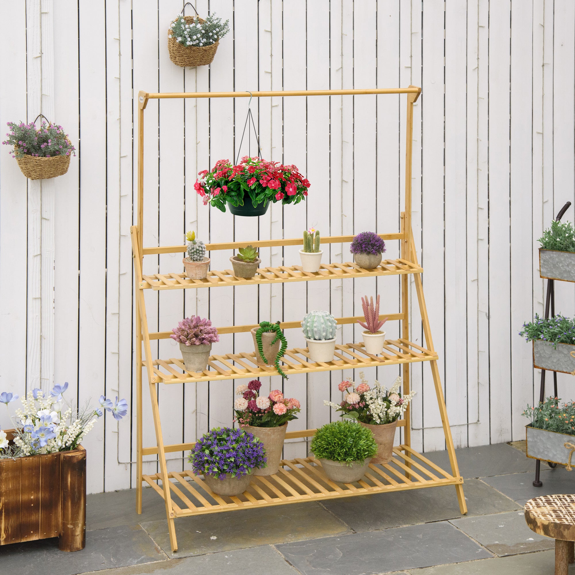 Træ Blomstertrappe Plantestativ Stigehylde Justerbar Hængende Højde Blomsterstativ Hængende Bambus Naturlig Indendørs Udendørs 100   40   143 Cm