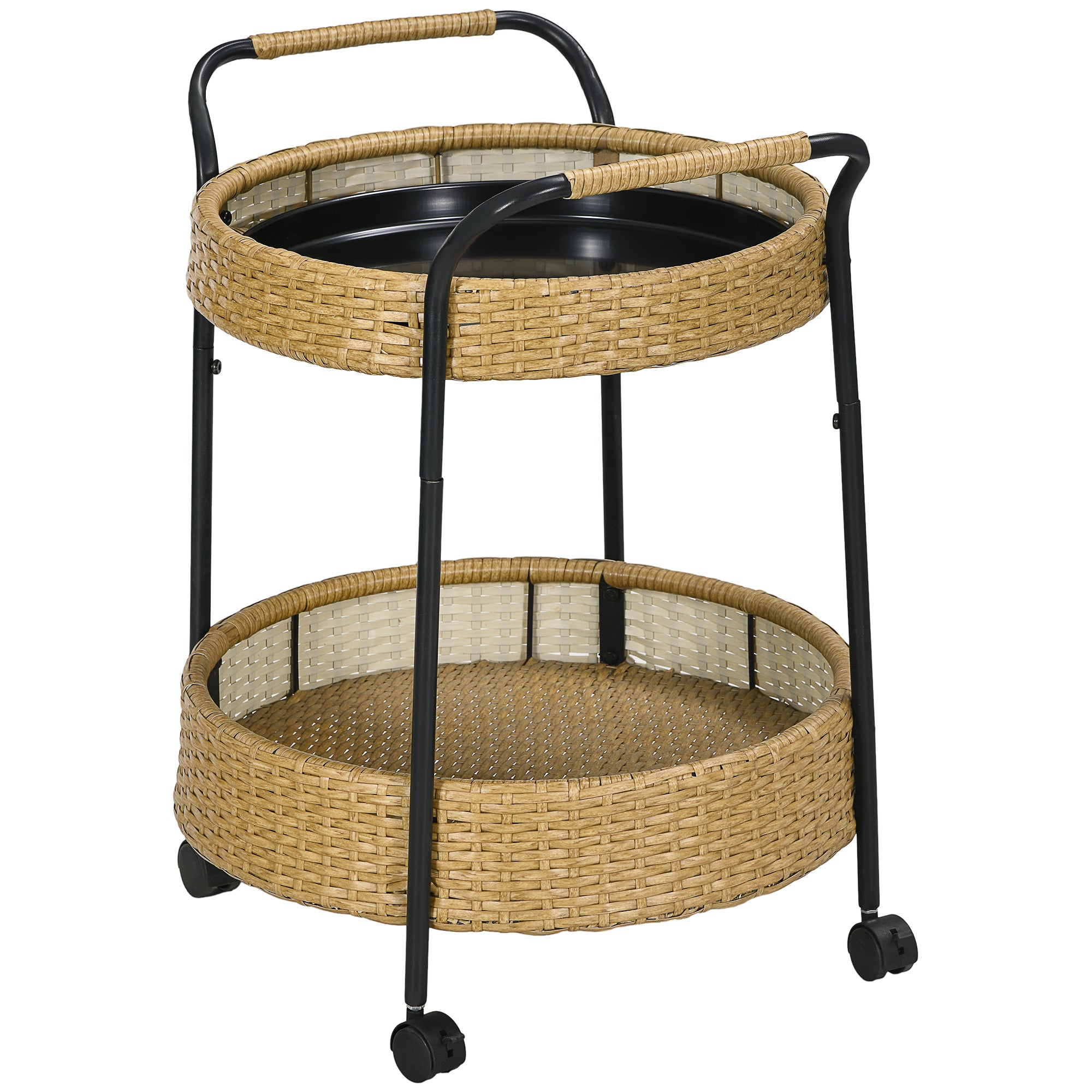 Udendørs Serveringsvogn    Etager  Bremser  Polyrattan  Metalramme  ø50   66h Cm  Gul
