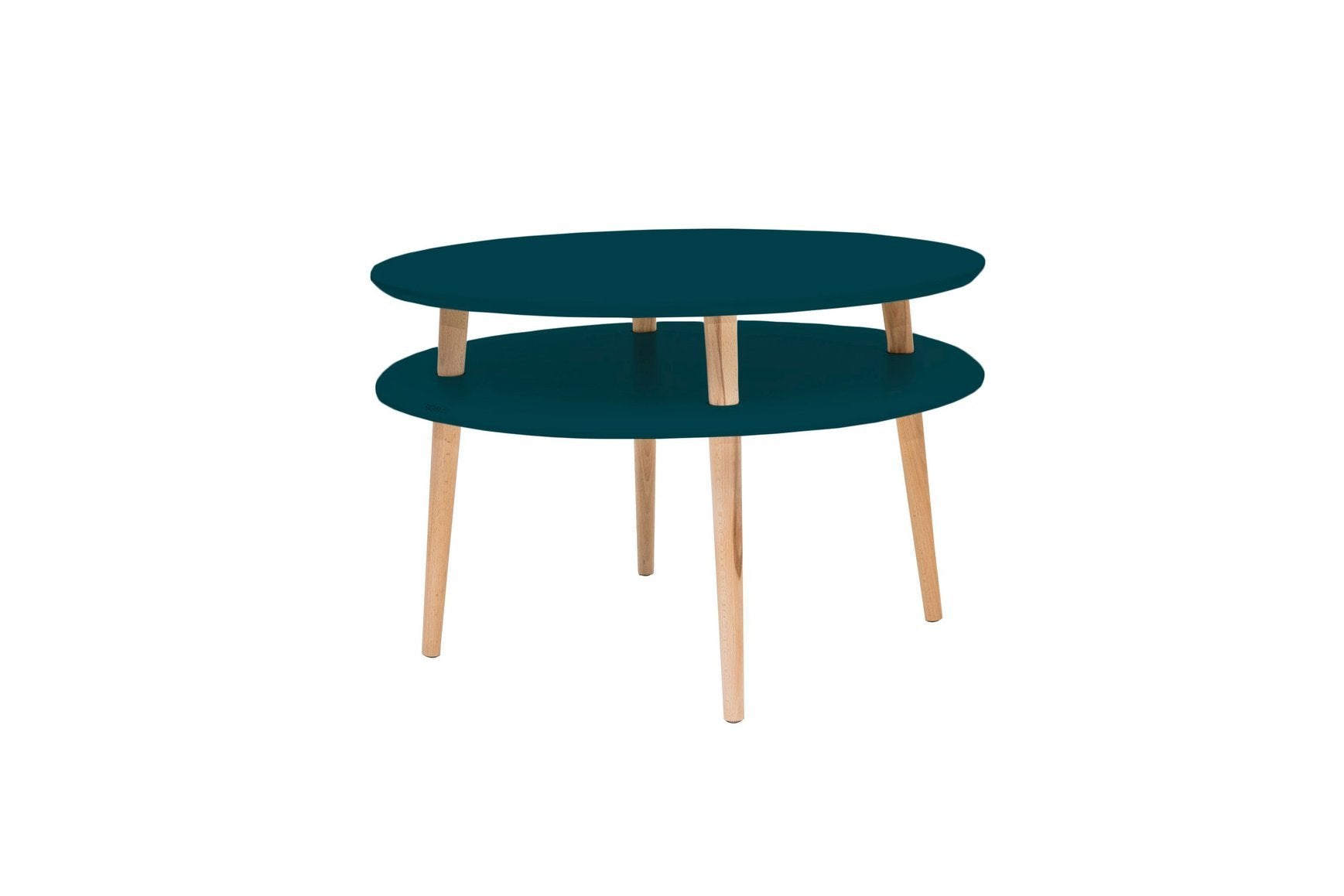 Ufo Sofabord Diameter 70cm   Højde 35cm Petrolblå   Hvide Ben