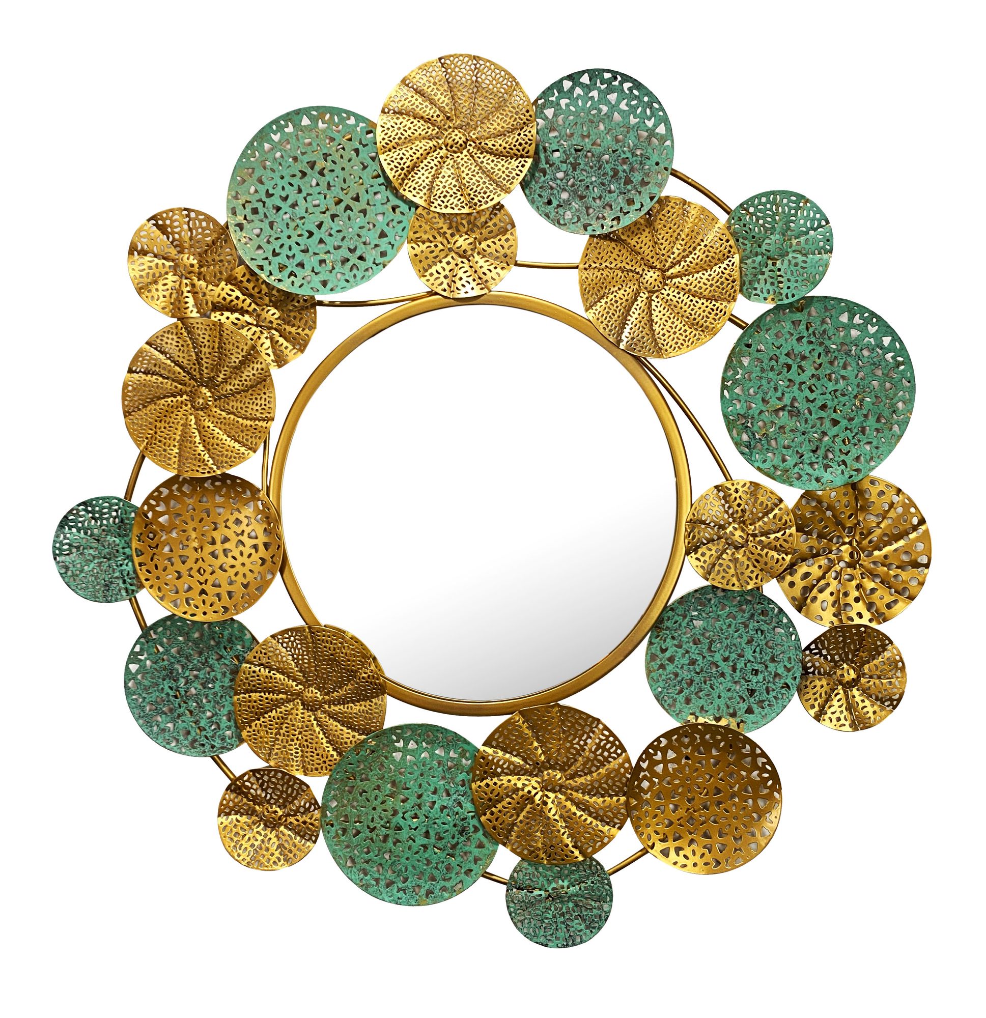 Utraditionelt Vægspejl   Moderne Design   80x77 Cm  Ramme Guld- Og Patinafarver