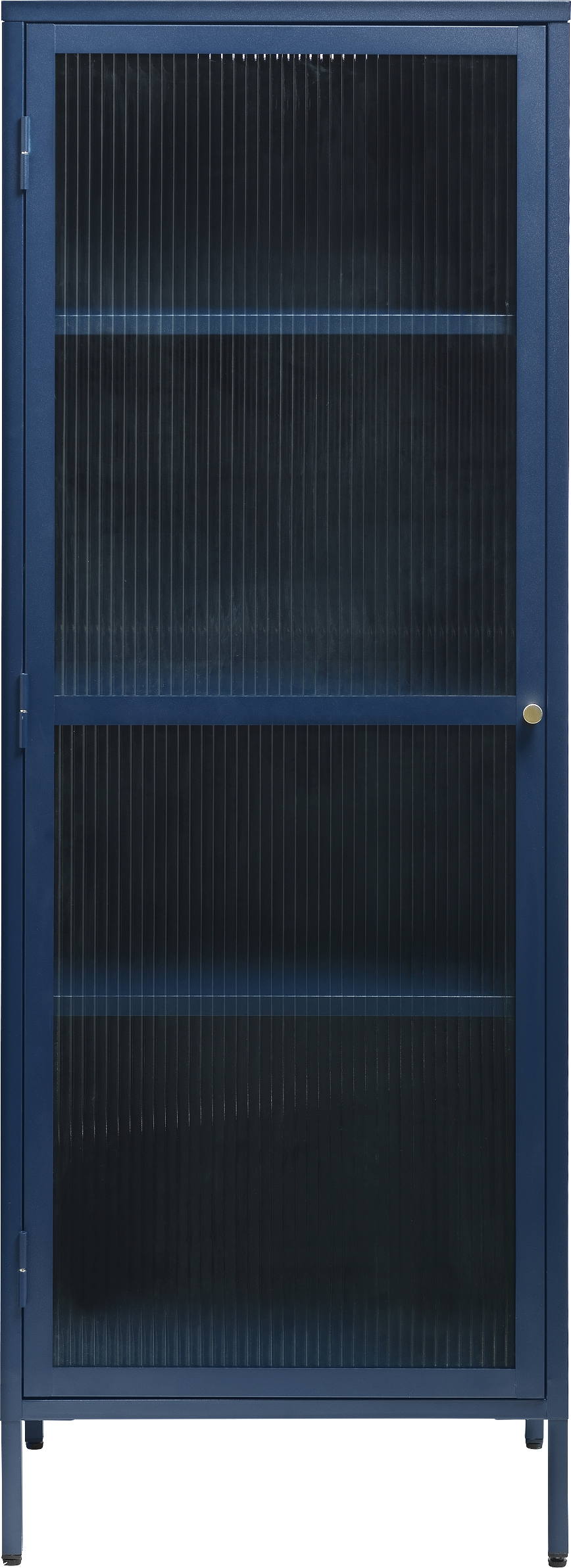 Vitrineskab Nordique Design Bronco Stålblå Metal Med Glasfront Og Gulddetaljer H160xb58xd40 Cm