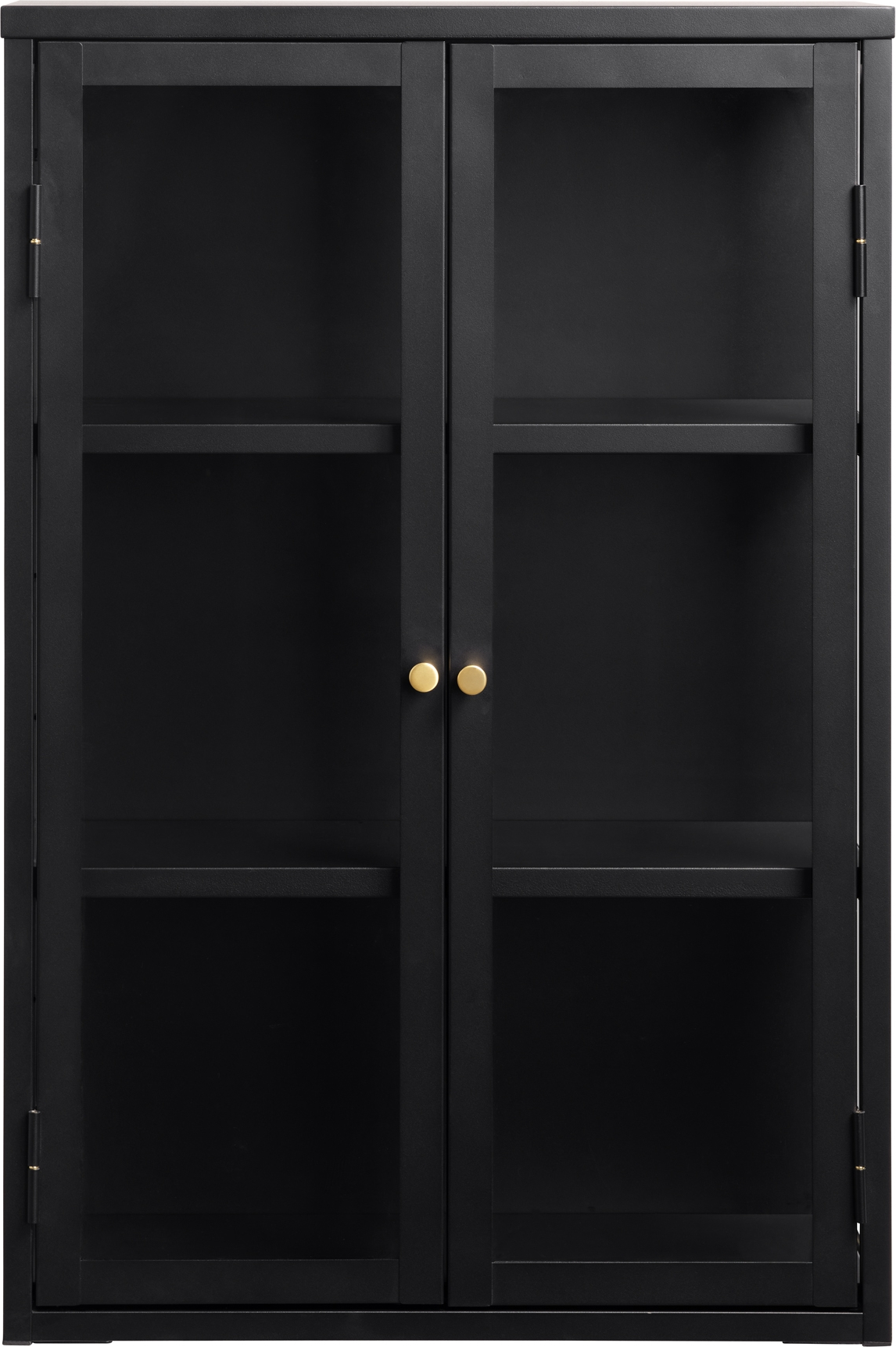 Vitrineskab Nordique Design Carmel H90ã 60ã 25 Cm   Sort Koldvalset Stål Med Glaslåge Og Gyldne Håndtag