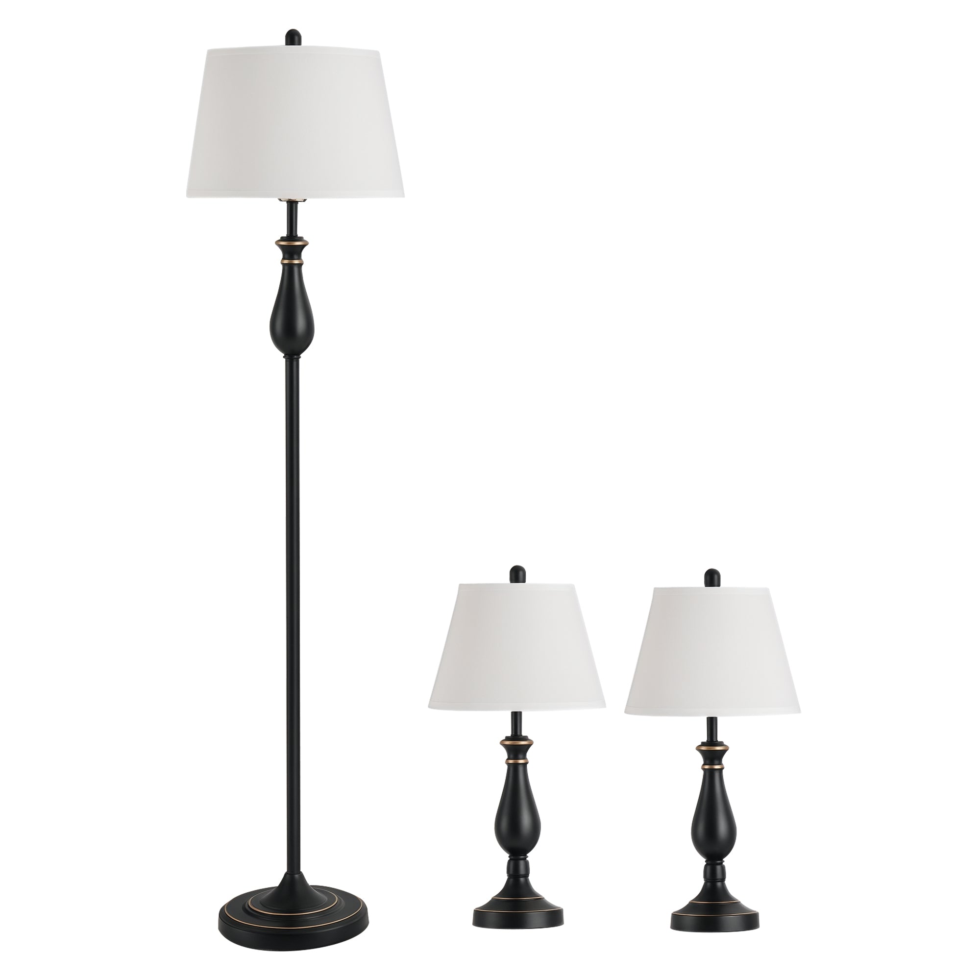 -delt Lampesæt:   Bordlamper  30   62h Cm      Gulvlampe  38   158h Cm  Vintage  Sort   Hvid  Metal  Ps  Polyester  Bomuld E27 Lampefod