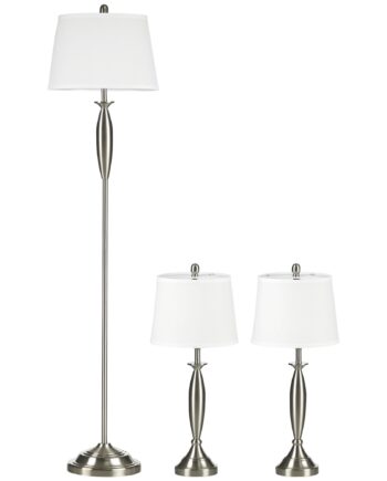 -delt Lampesæt:   Gulvlampe    Bordlamper  Linnedlook  38 Cm   38 Cm   158 Cm  Sølv   Hvid