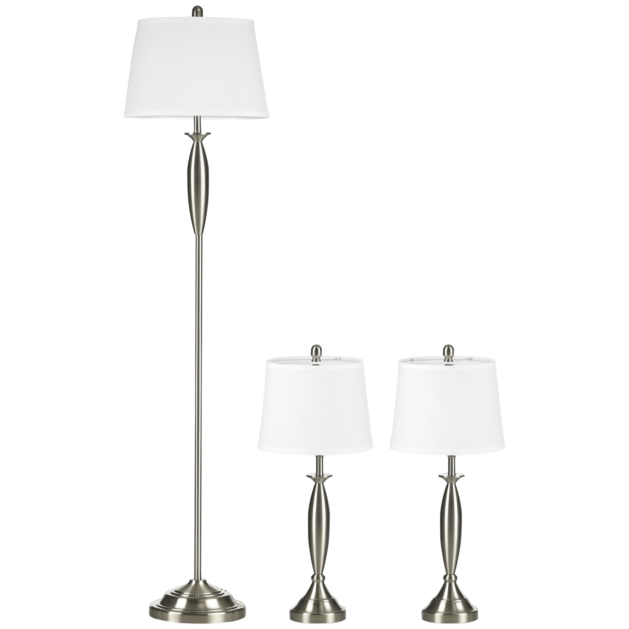 -delt Lampesæt:   Gulvlampe    Bordlamper  Linnedlook  38 Cm   38 Cm   158 Cm  Sølv   Hvid