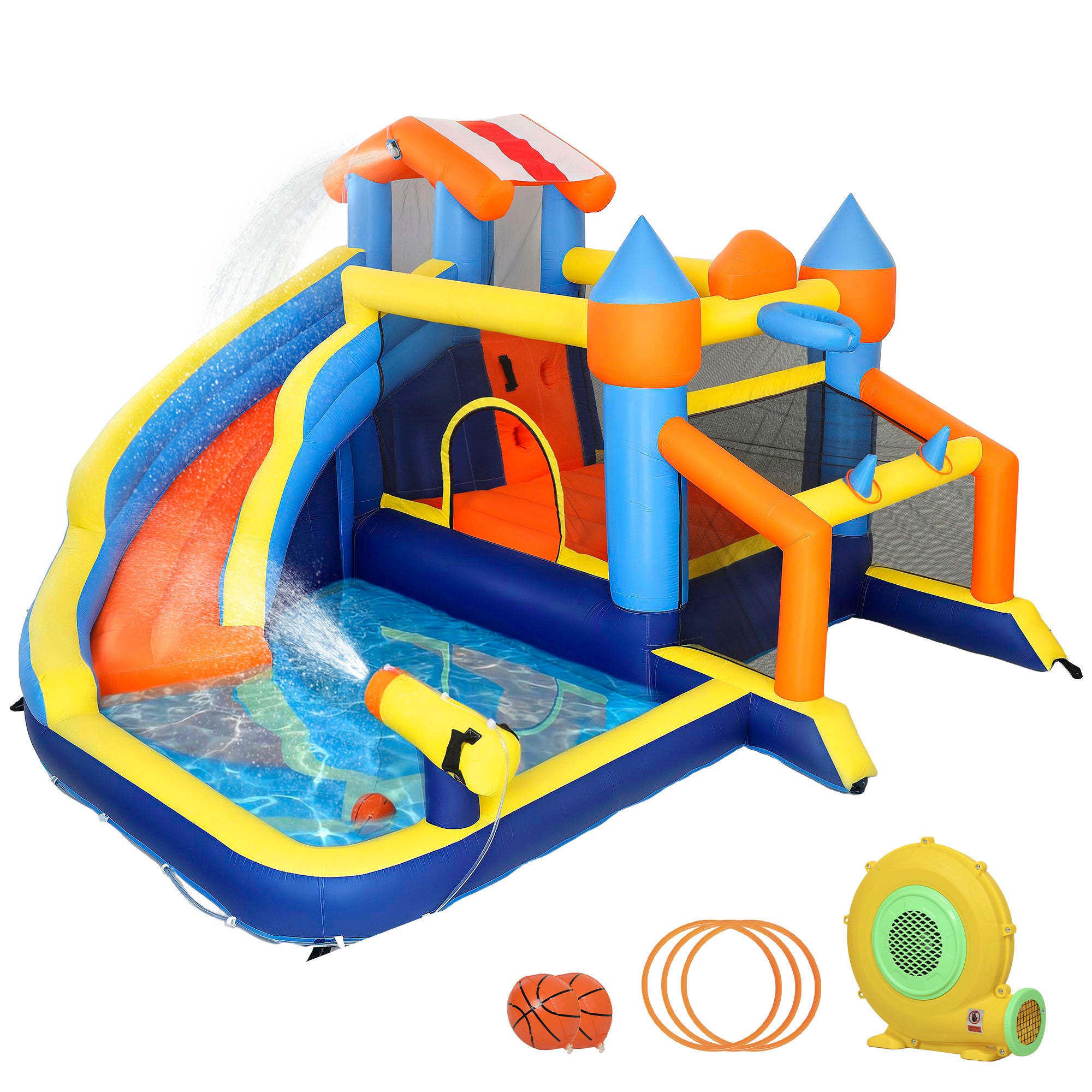 - - Oppusteligt Slot Med Blæser Rutsjebane Børnebassin Trampolin Og Klatrevæg Til Indendørs Og Udendørs Brug 350x325x210 Cm