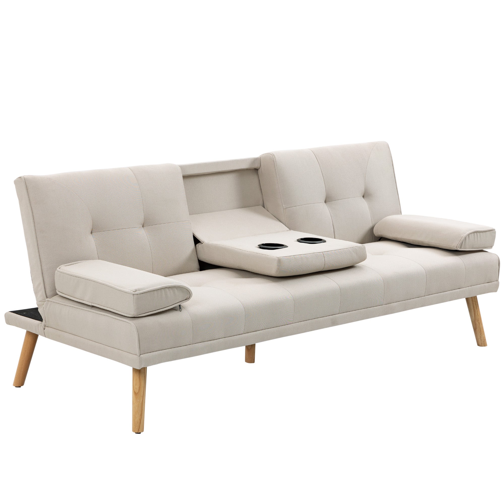 -personers Sovesofa  Ryglæn Med Justerbart Lænestol Og Klapbord  To Armlæn  Linnedlook  Beige  181   77   78 Cm