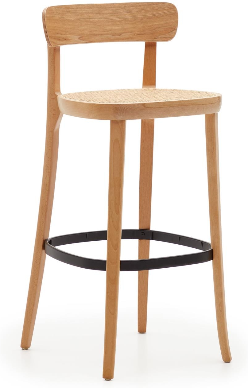Barstol Kave Home Romane   Natur Rattan Sæde   Klarlakeret Bøgetræ  104 Cm Barhøjde