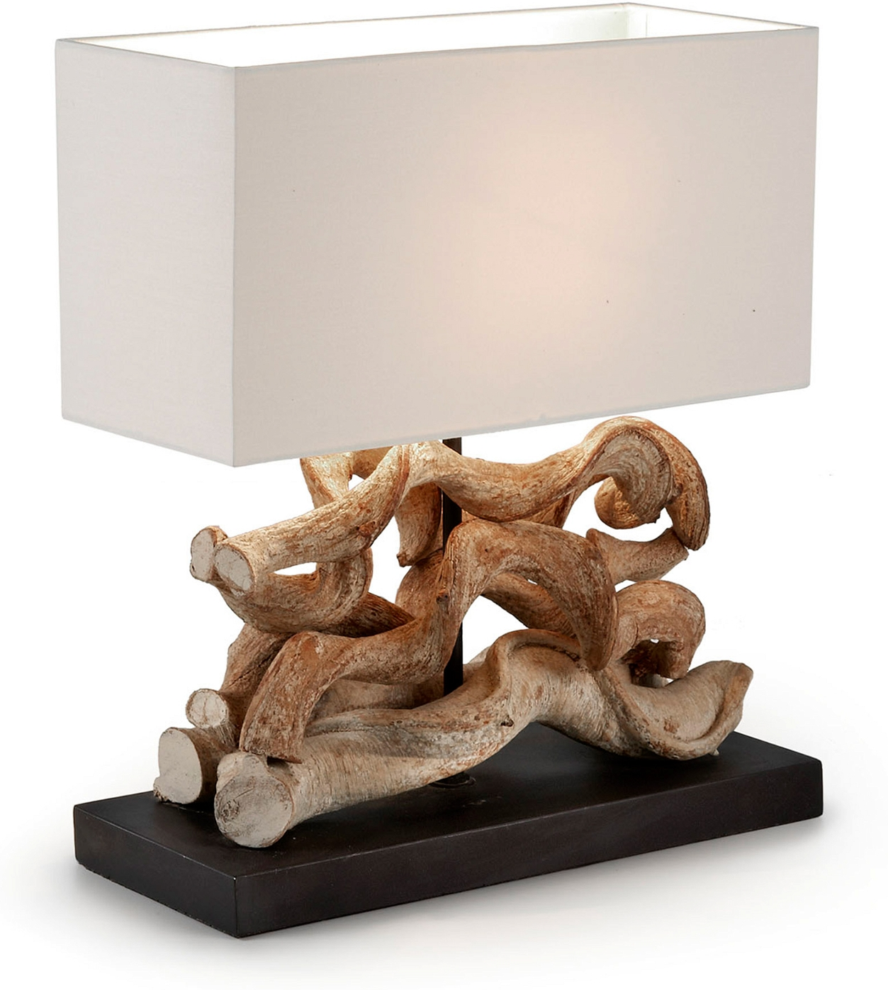 Bordlampe Kave Home Comet  Rustik Genbrugt Tropisk Træ  Sort Bund  Hvid Bomuldsskærm  H42ã B15ã L35 Cm