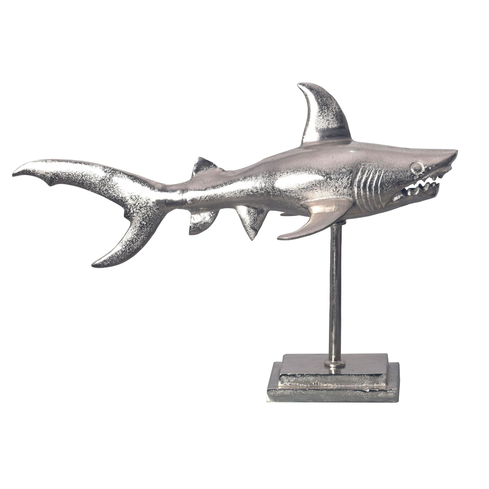 Dekorativ Hajfigur Aluminium Sølv Maritim Stil 70 Cm Med Base Moderne Metaldesign Borddekoration Boligindretning Aluminiumsdekoration Boligtilbehør