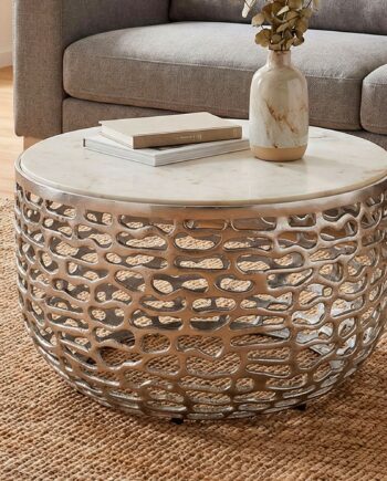 Designer Metal Sofabord Sølvfarvet Med Hvid Marmor  Bordplade 60 Cm Rund  Håndlavet