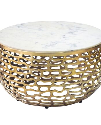 Designer Sofabord   Metal  Guldfarvet Med Hvid Marmorbordplade  60 Cm Rundt  Håndlavet