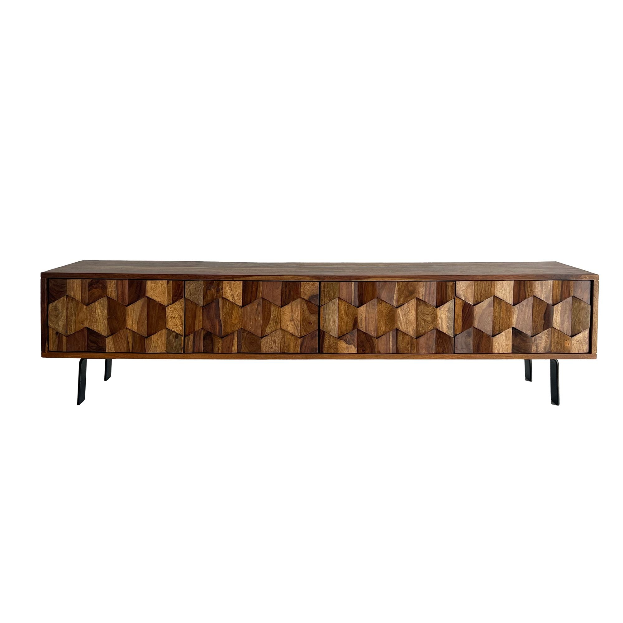 Designer Tv-kommode Massivt Træ 160 Cm 3d-fronter Døre Kabelstyring Og Sorte Metalben