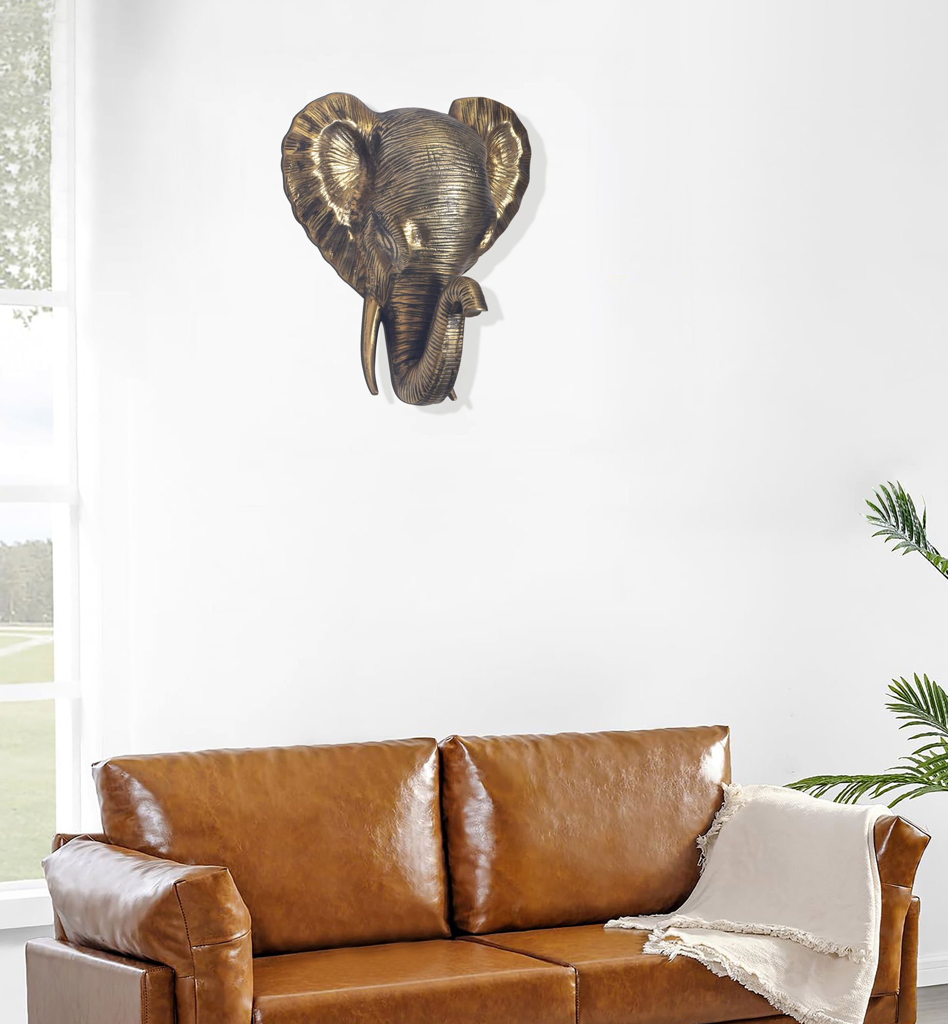 Elefant Vægdekoration  Aluminium  Guldfarvet  41 Cm  Designer Vægdekoration  Metaldekor  Moderne Aluminium