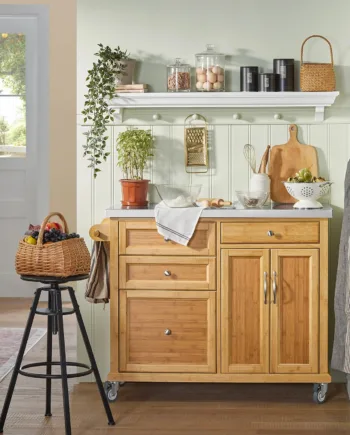 Elegant Køkkenø Med Stålbordplade  Bambustræ  B115   D46   H92 Cm  Naturfarvet