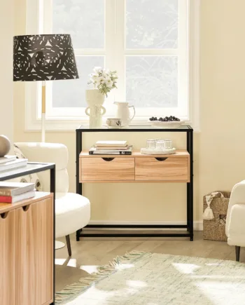 Elegant Konsolbord Med Opbevaringsplads  B81   D35   H78 Cm  Naturfarvet Med Sorte Ben Og Glasbordplade