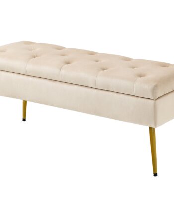 Fløjlsbænk Med Opbevaring  Polstret Fodskammel Og Tuftet Design  Metalstel  102   35   43 Cm  Beige