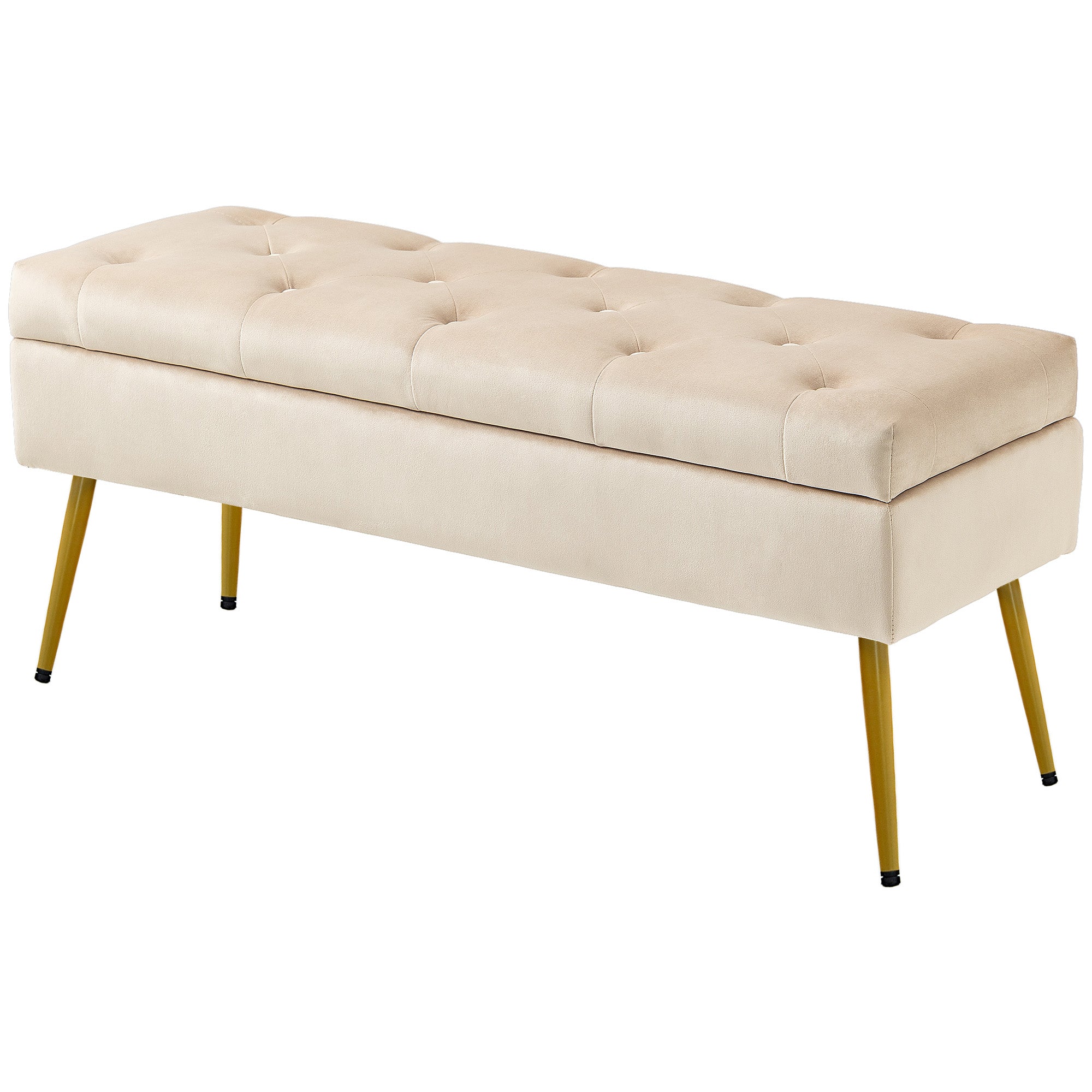 Fløjlsbænk Med Opbevaring Polstret Fodskammel Og Tuftet Design Metalstel 102 35 43 Cm Beige