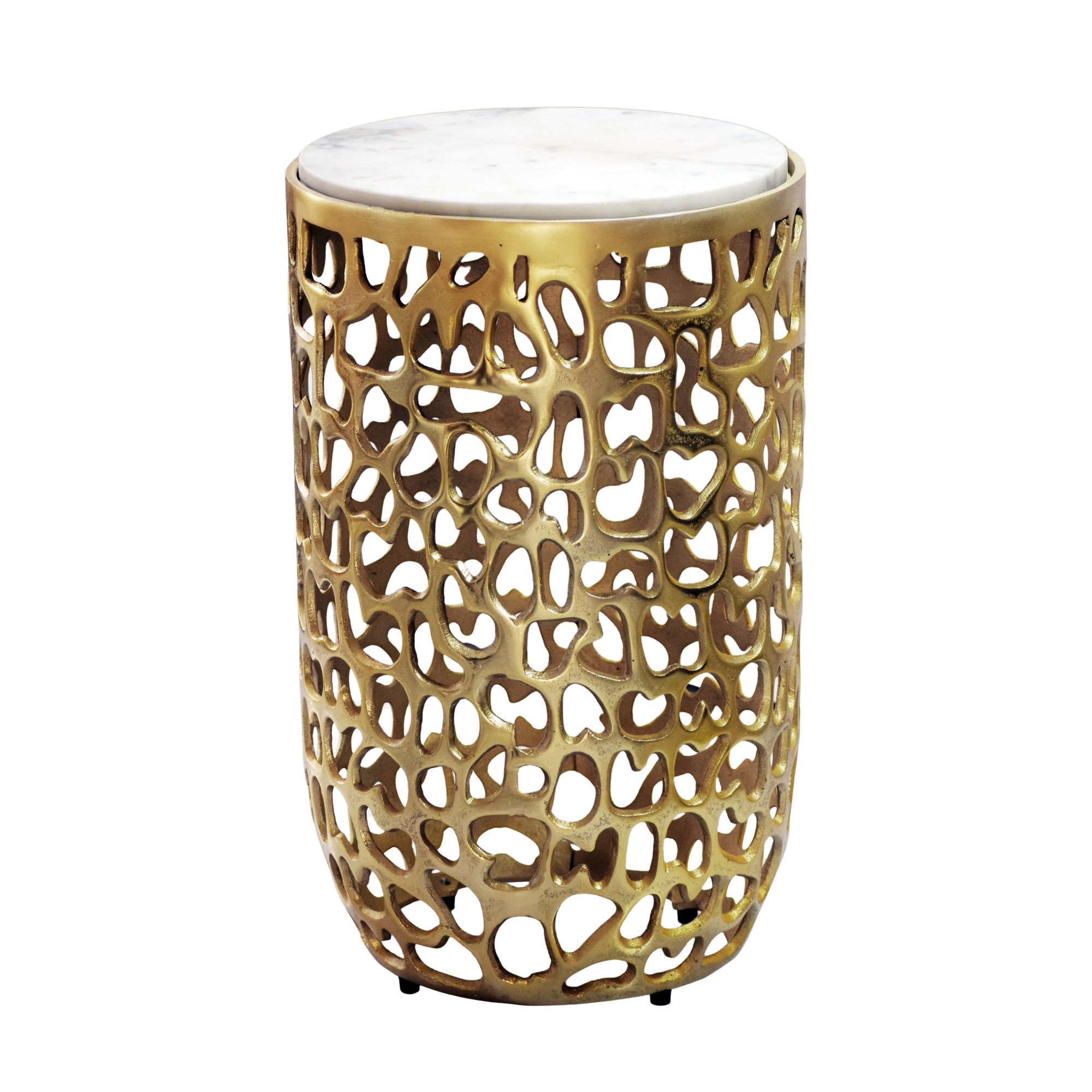 Håndlavet Sidebord  Guldfarvet Rundt 30cm  Med Marmorbordplade Designer Metal Sofabord Til Stuen