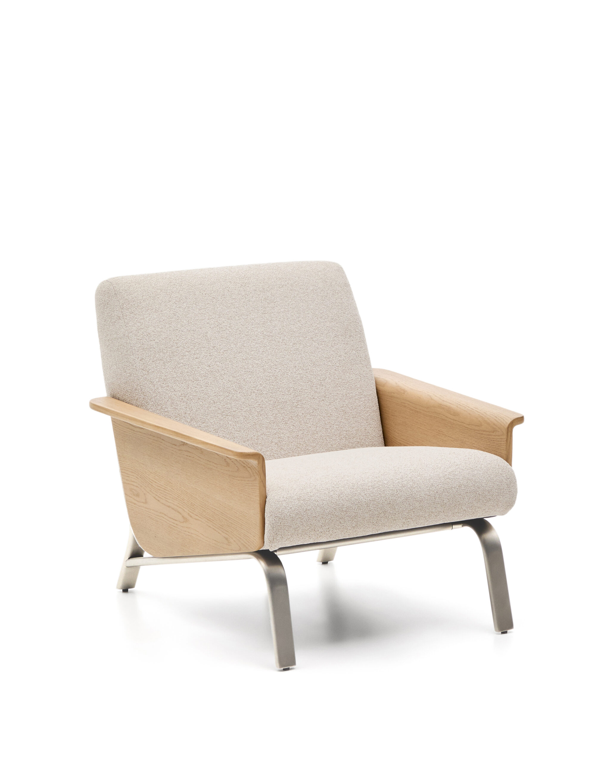 Kave Home Amsen Lænestol Armlæn Beige Chenille Egetræskrydsfiner Børstet Rustfrit Stål