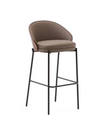 Kave Home Eamy Barstol     Ryglæn Og Fodstøtte Brun Kunstlæder  Brun Askefinér  Sort Metal  75cm