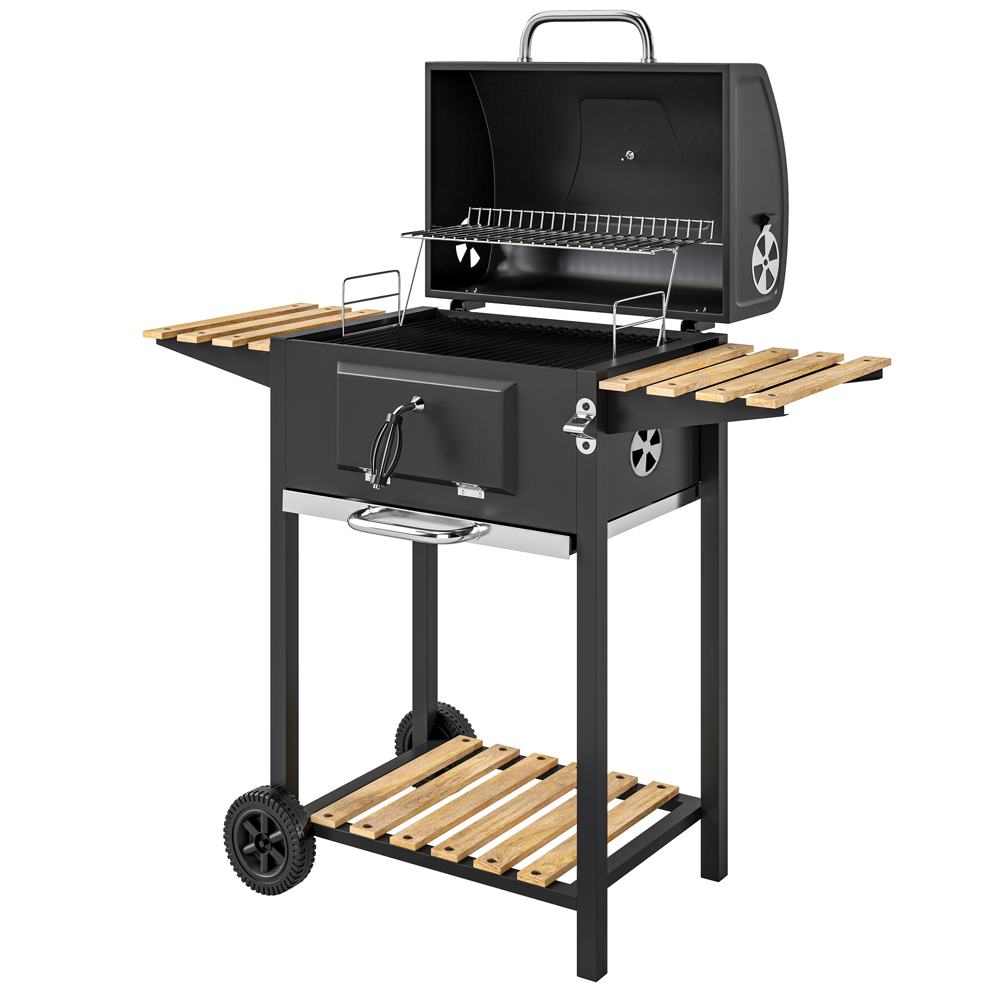 Kulgrill Højdejusterbar Kulpande Grillvogn Hylder Termometer Flaskeåbner Stål Træ Sort