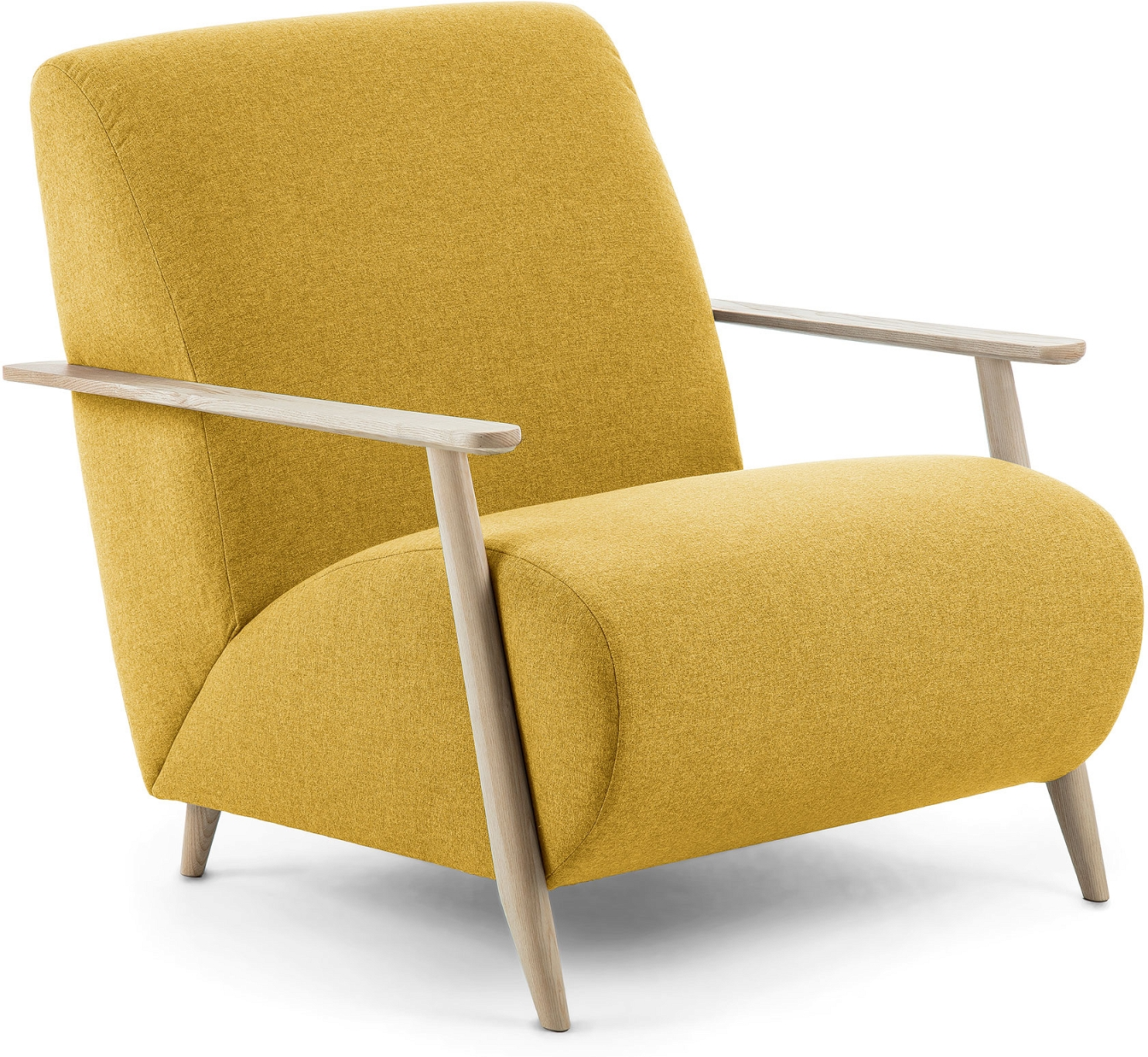 Lænestol Kave Home Meghan Nordisk Design Sennepsgul Polstret Teflon-betrukket Bæredygtigt Asketræ Armlæn H78ã B77ã L83 Cm
