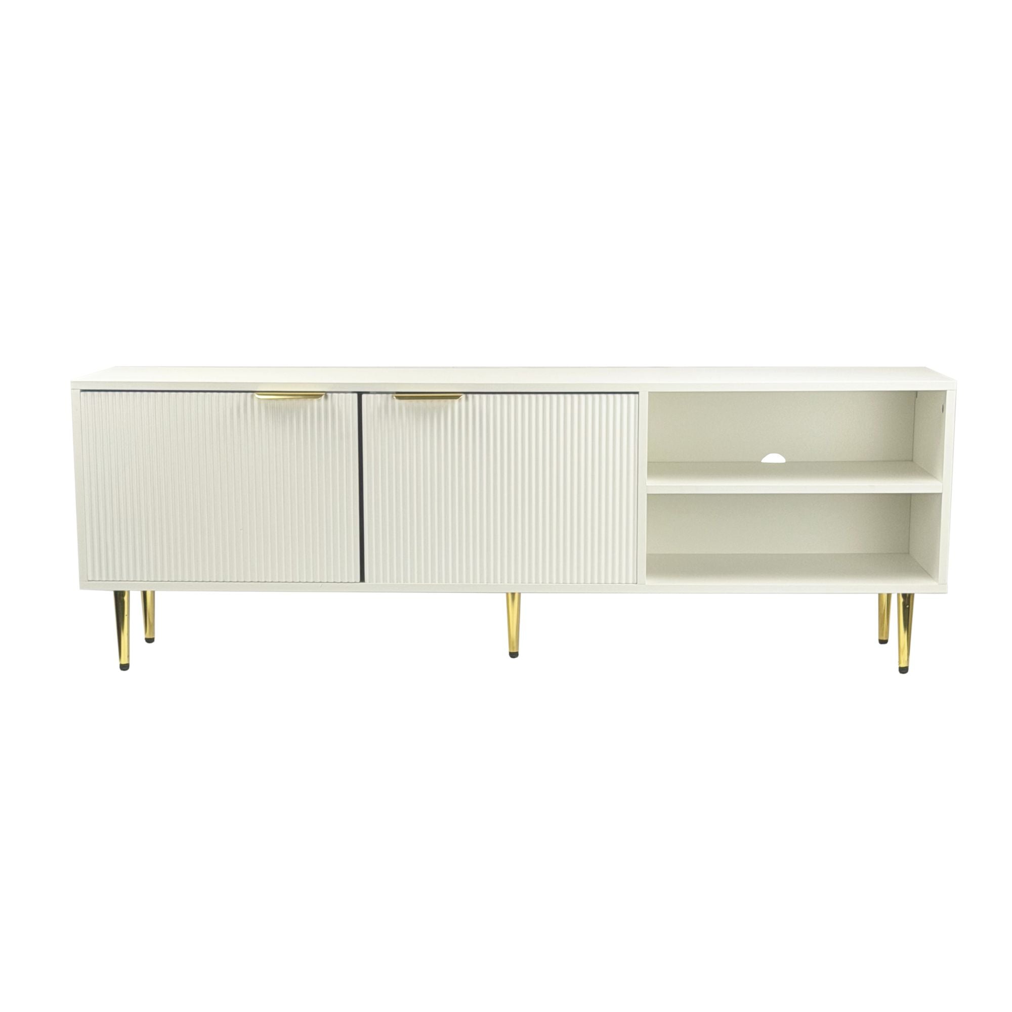 Lavt Tv-møbel Hvidt 150 Cm Tv-møbel Med Lamelfront Tv-kommode Med   Låger Og åbne Rum