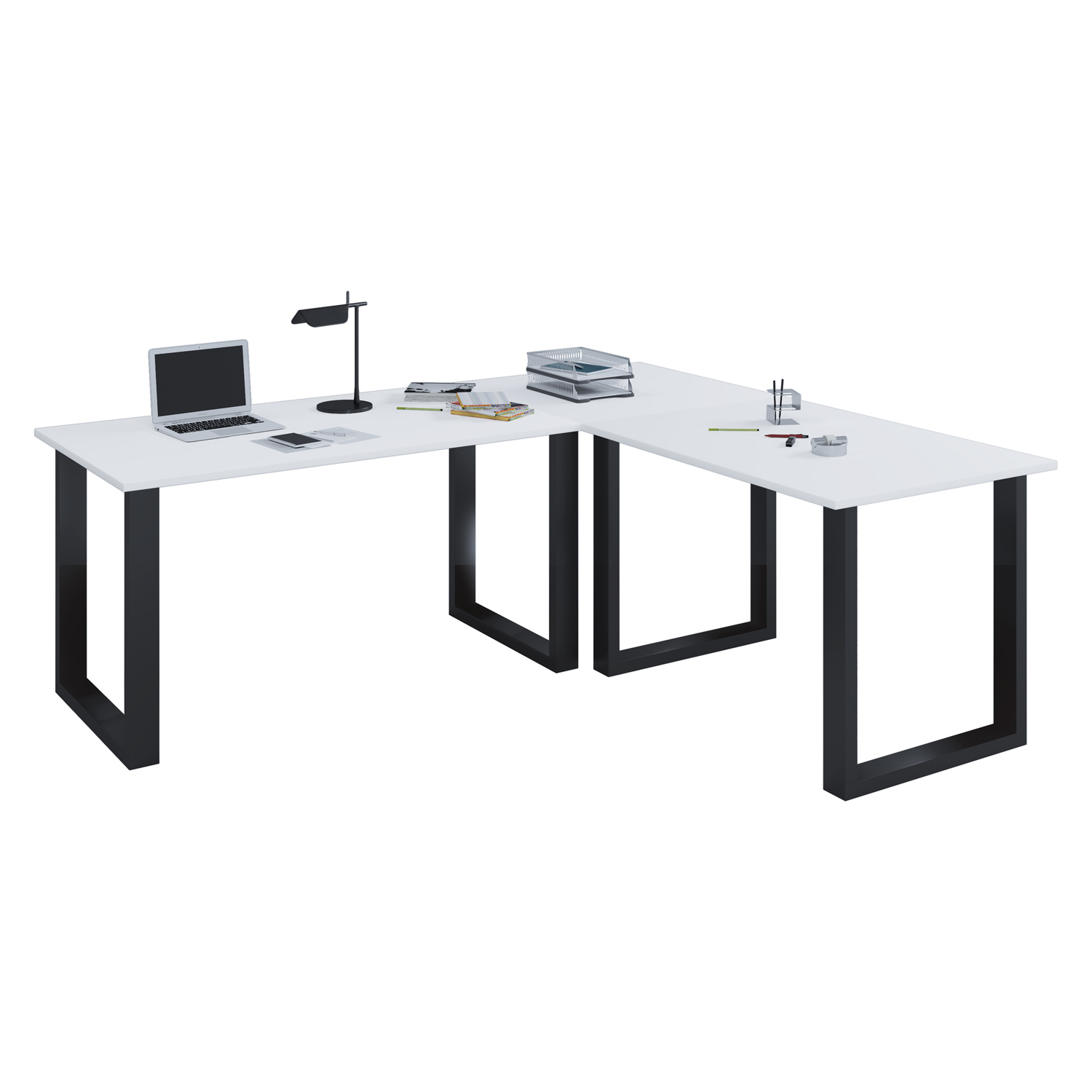 Lona  -feet Hjørneskrivebord Hvid Træ Og Sort Metal  220x160x80