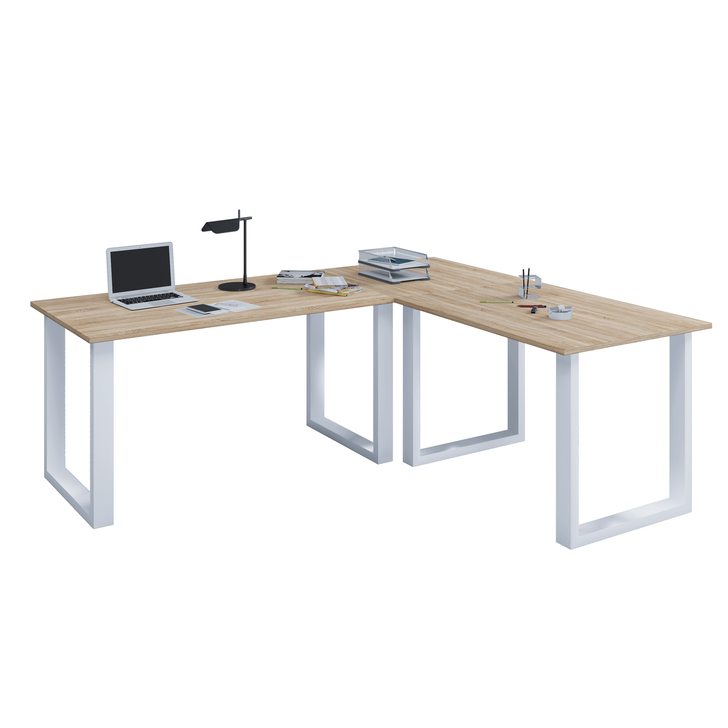 Lona  -feet Hjørneskrivebord Natur Træ Og Hvid Metal  160x130x50