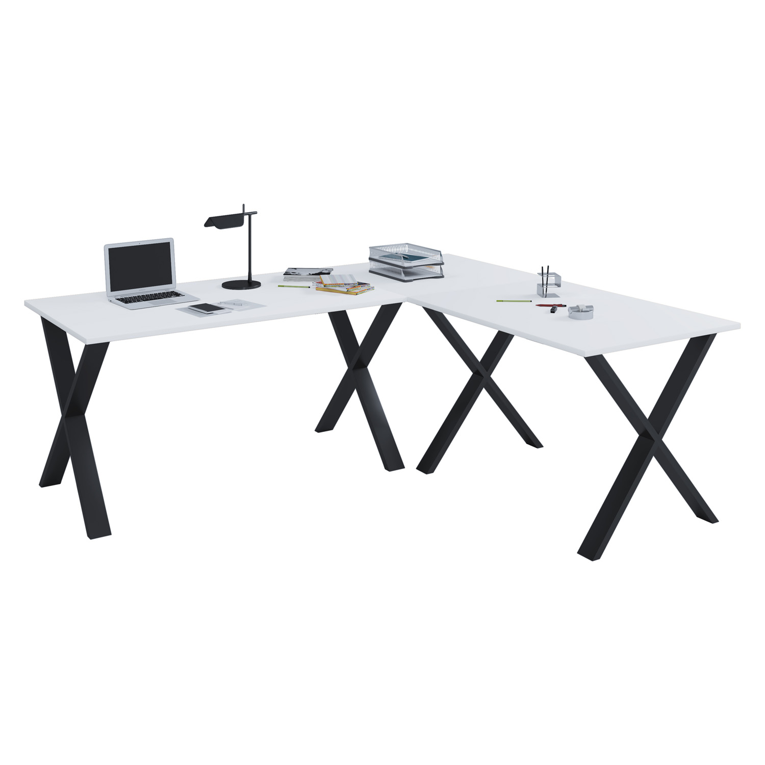 Lona  -feet Hjørneskrivebord Hvid Træ Og Sort Metal  160x130x50